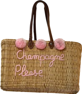 “ Champagne Please” Large leather handle Straw Bag
