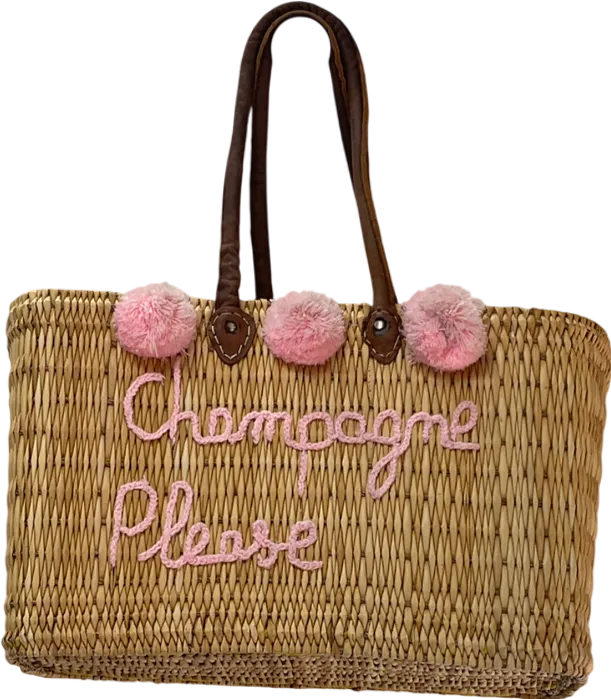 “ Champagne Please” Large leather handle Straw Bag