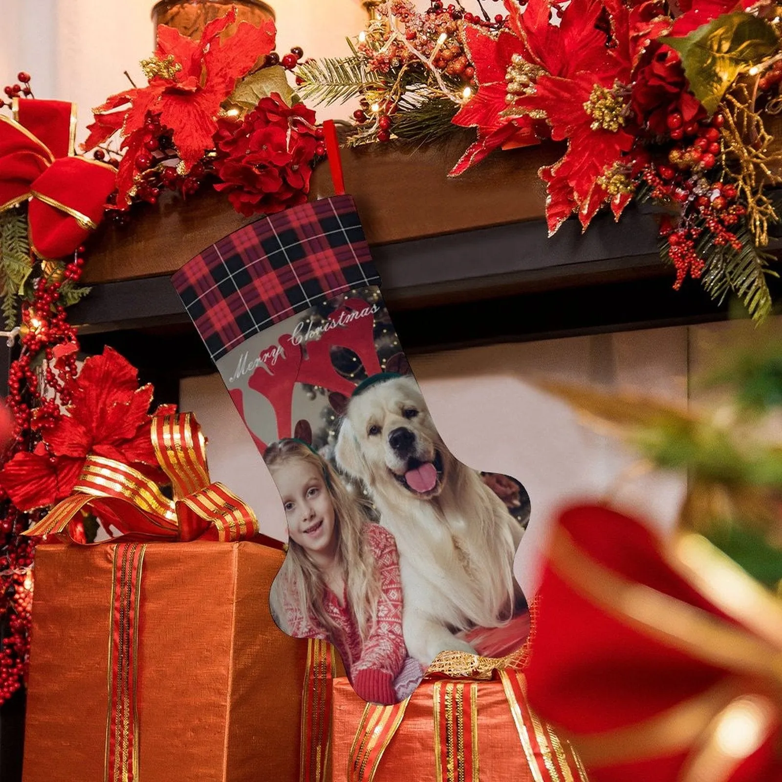16.6in(L) Plus Size-Custom Family's Photo Socks Paw Christmas Stocking Holiday Decor Gifts