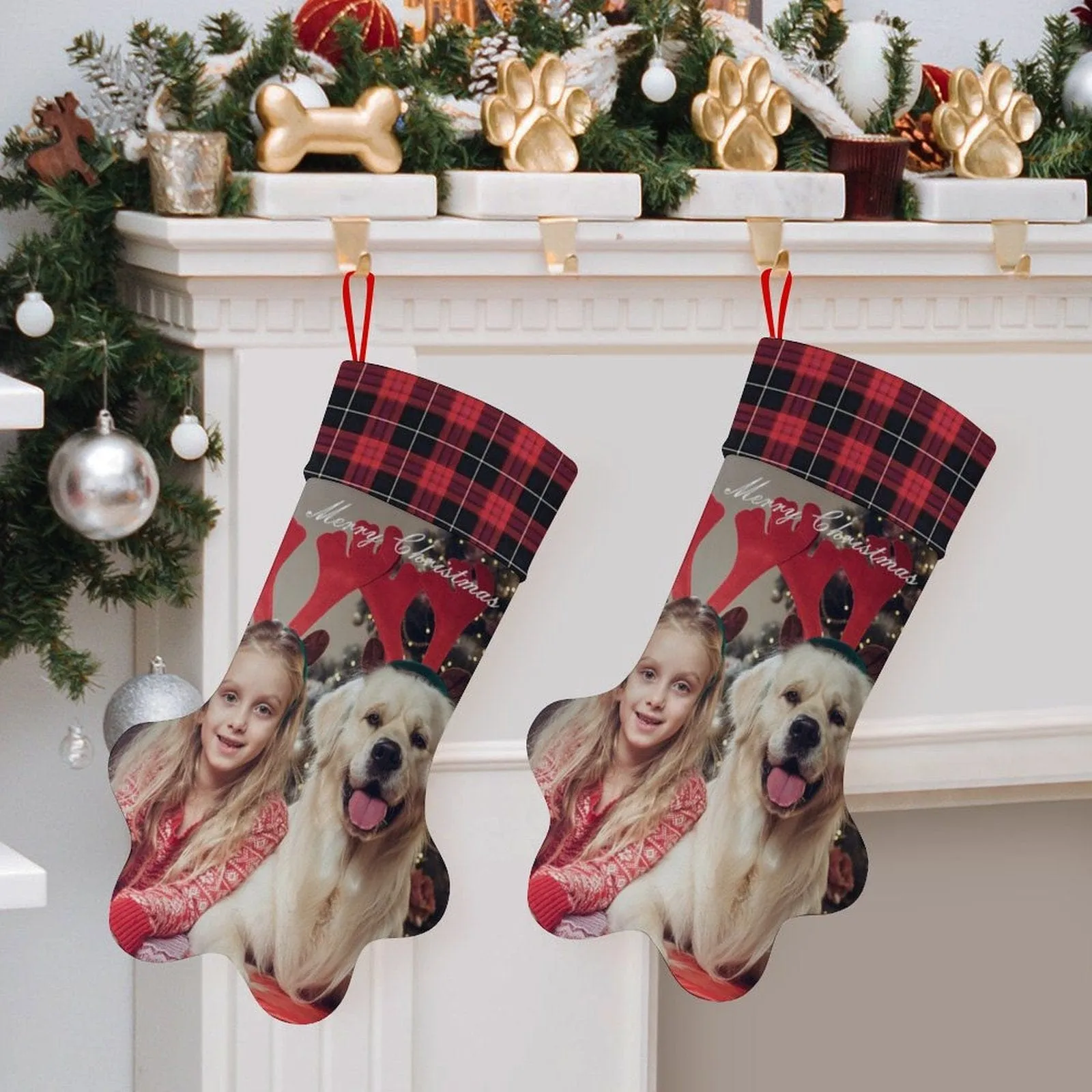 16.6in(L) Plus Size-Custom Family's Photo Socks Paw Christmas Stocking Holiday Decor Gifts