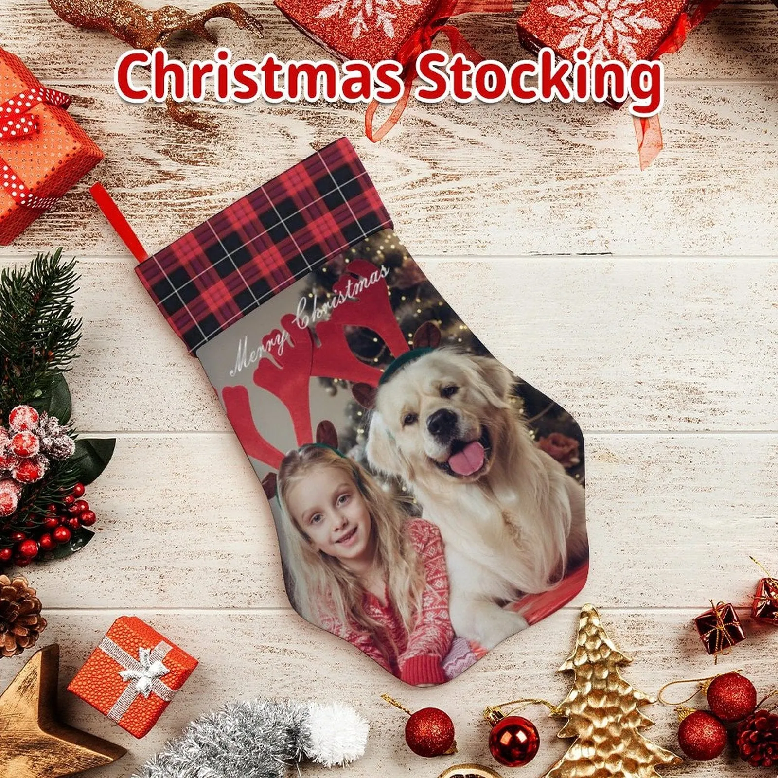 16.6in(L) Plus Size-Custom Family's Photo Socks Paw Christmas Stocking Holiday Decor Gifts