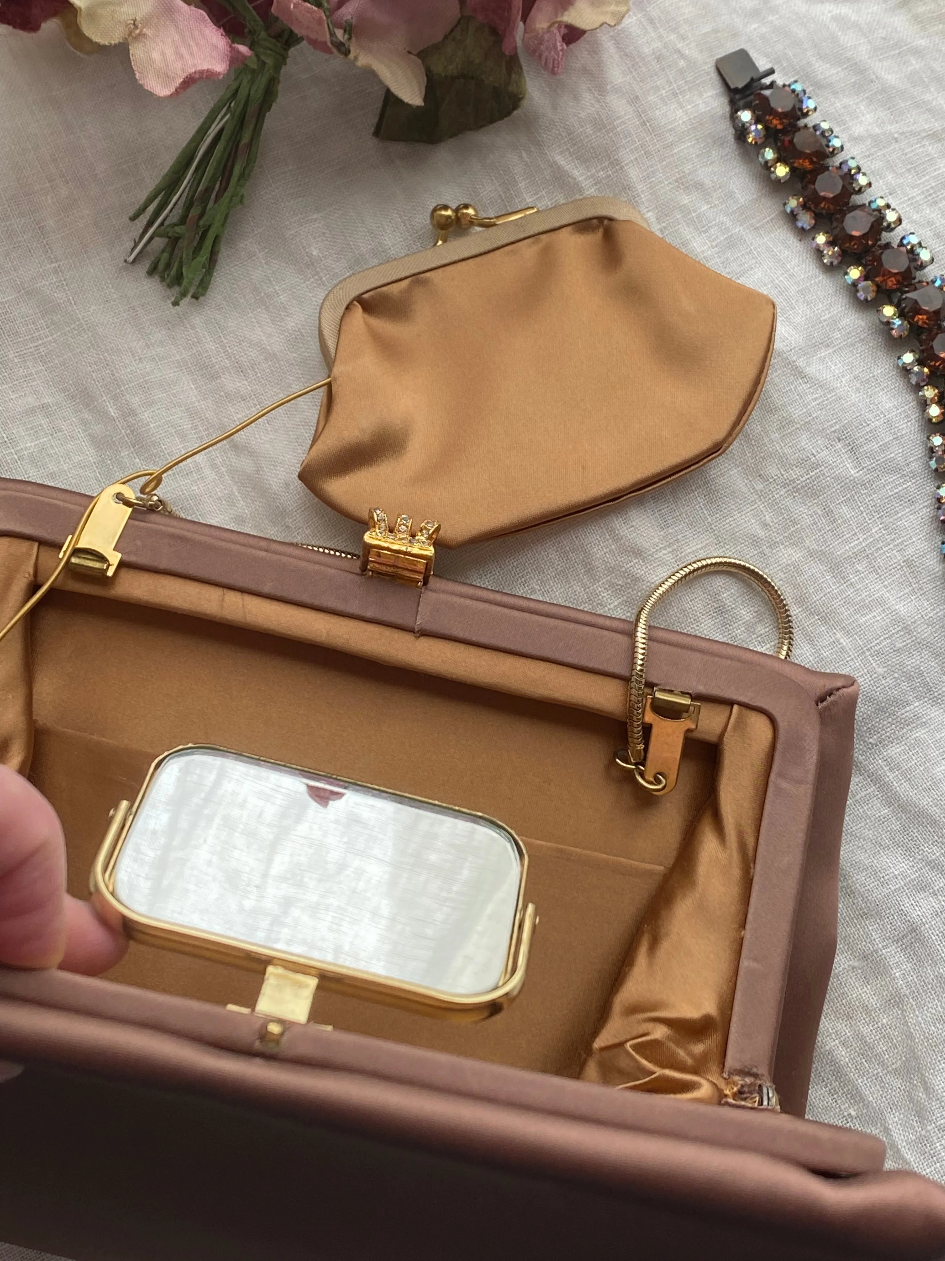 1950's After Five Satin Chestnut Clutch Evening Bag