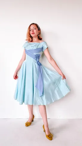 1950s Ice Blue Ribbon Dress, sz. XS