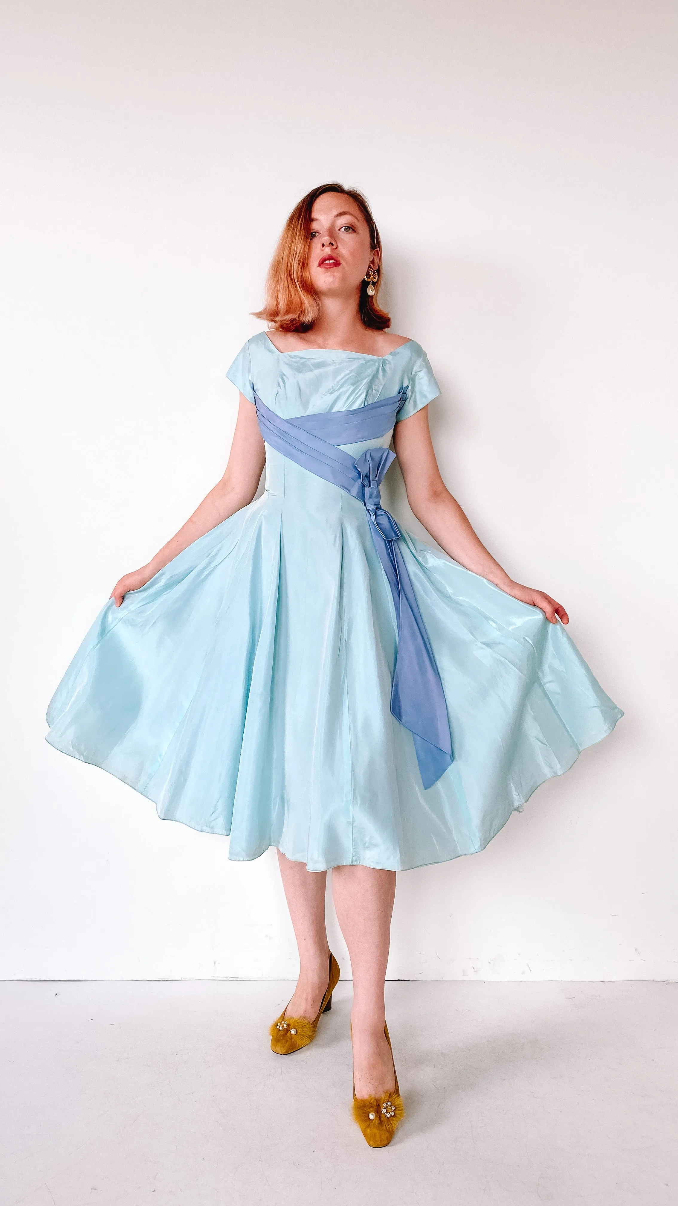 1950s Ice Blue Ribbon Dress, sz. XS
