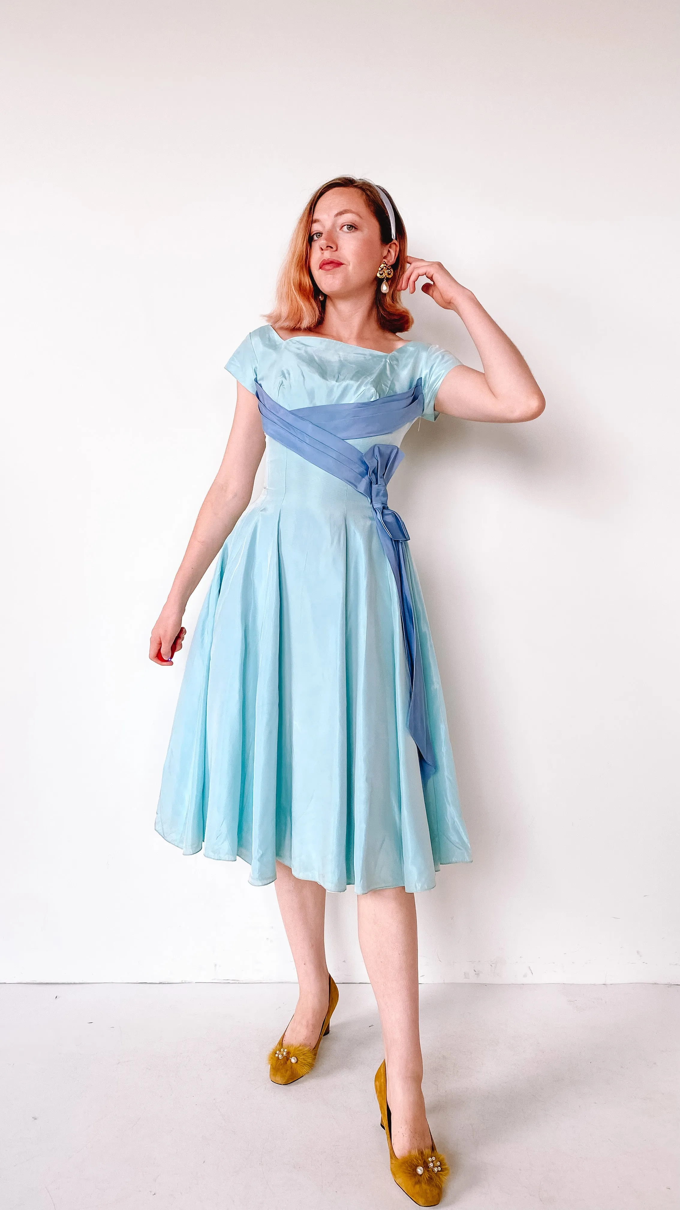 1950s Ice Blue Ribbon Dress, sz. XS