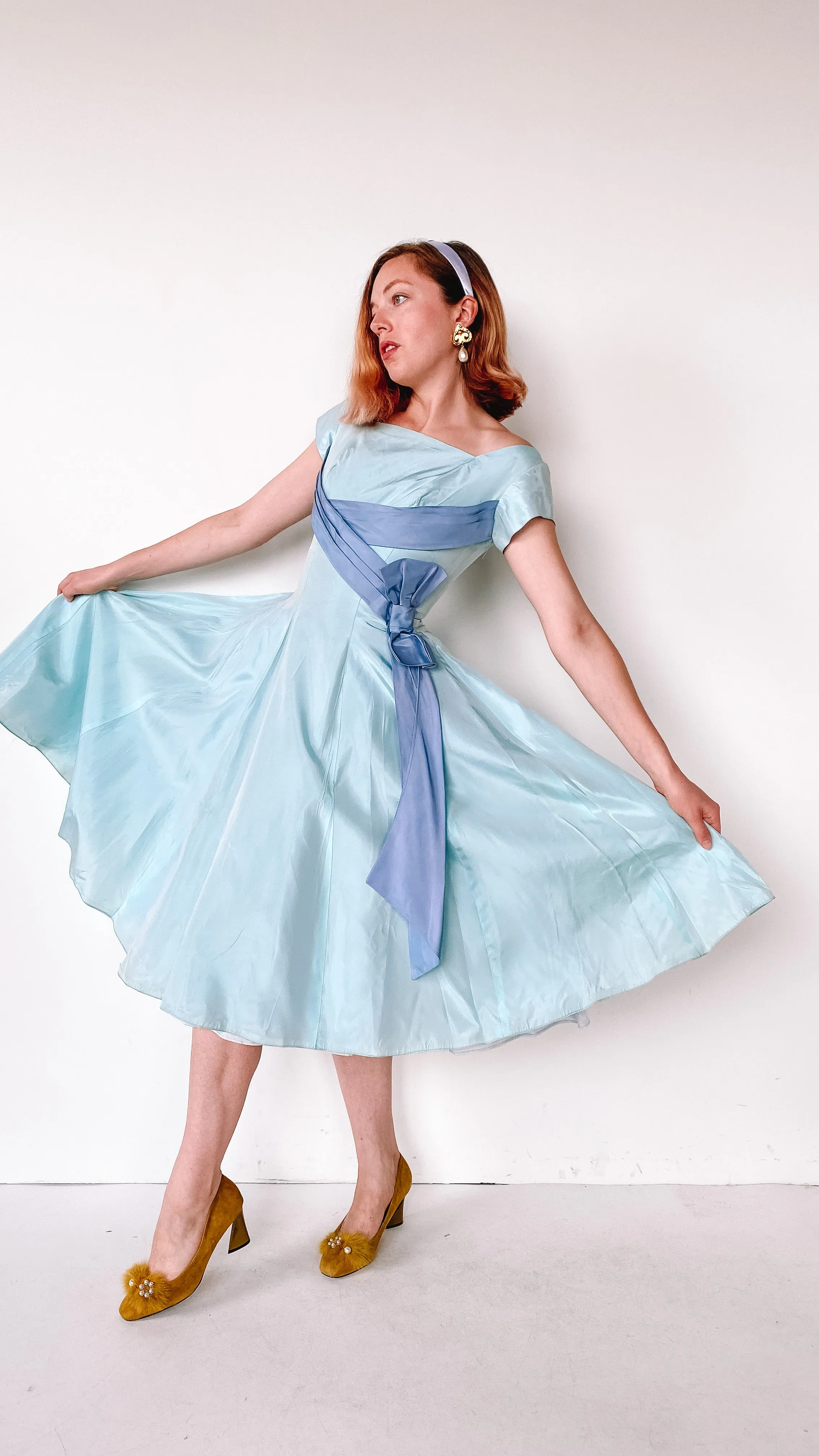 1950s Ice Blue Ribbon Dress, sz. XS