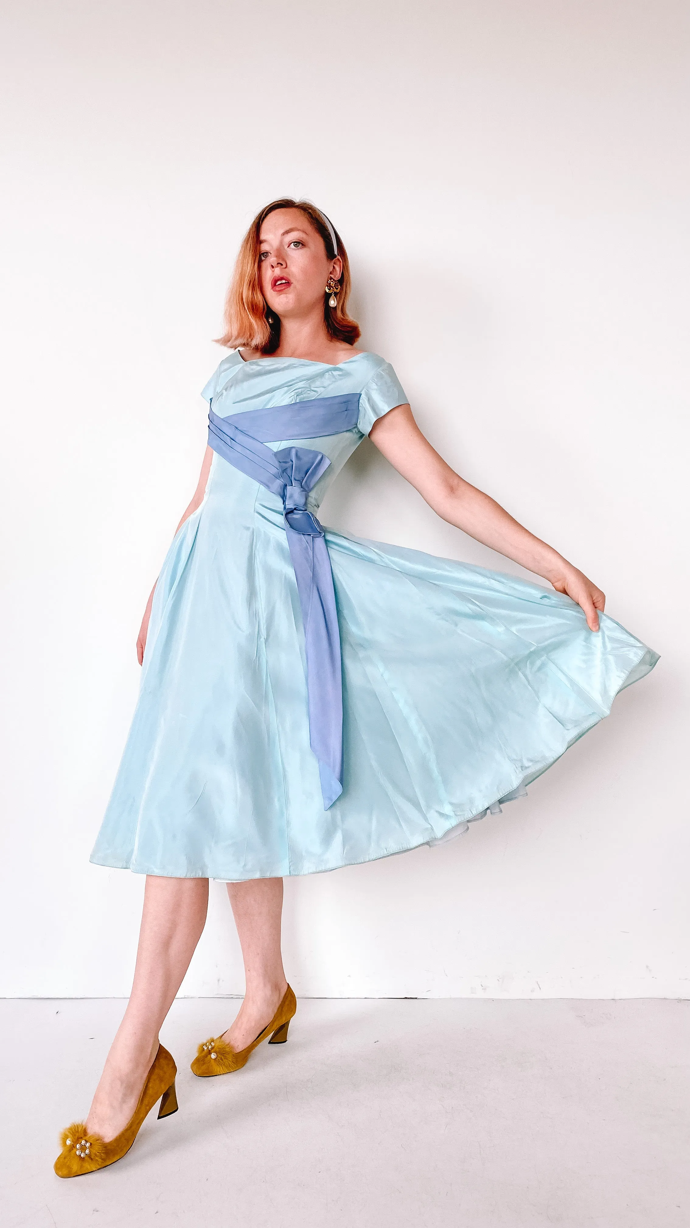 1950s Ice Blue Ribbon Dress, sz. XS