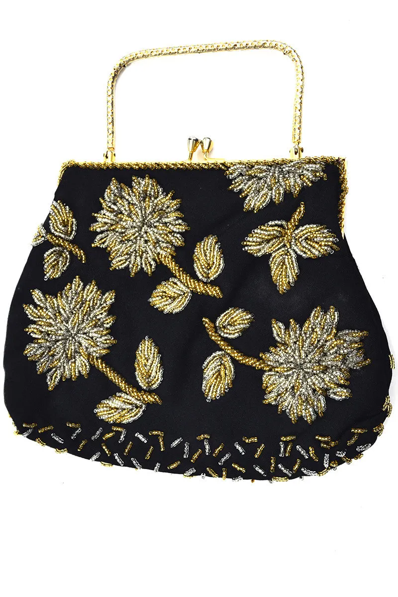 1960s Beaded Vintage Handbag Evening Bag Gold Silver Floral