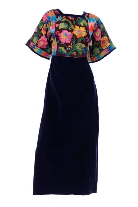 1960s Blue Velour Vintage Dress With Colorful Hand Embroidered Needlework