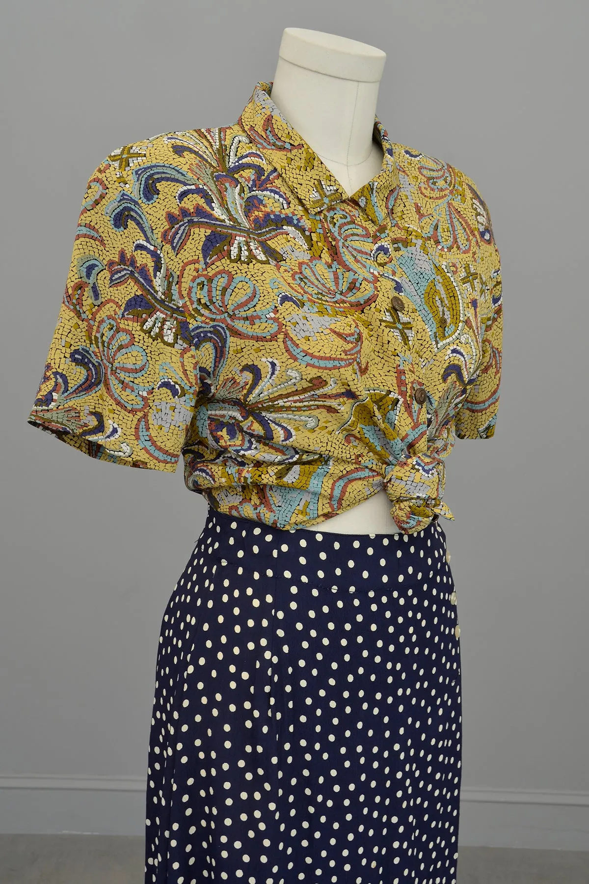 1990s Navy Blue White Polka Dot Rayon Wrap Skirt Vintage Inspired by Anthropologie