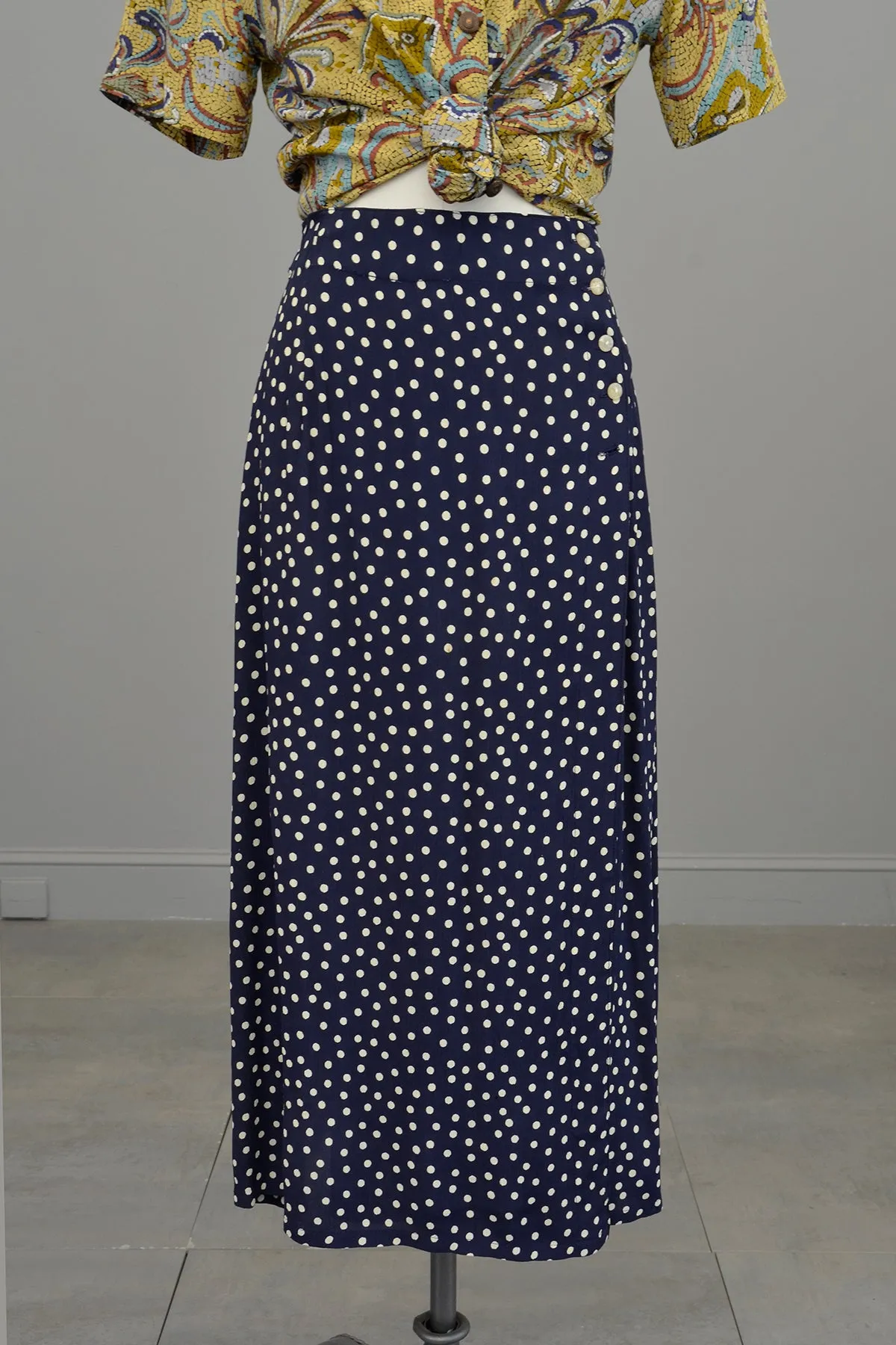 1990s Navy Blue White Polka Dot Rayon Wrap Skirt Vintage Inspired by Anthropologie
