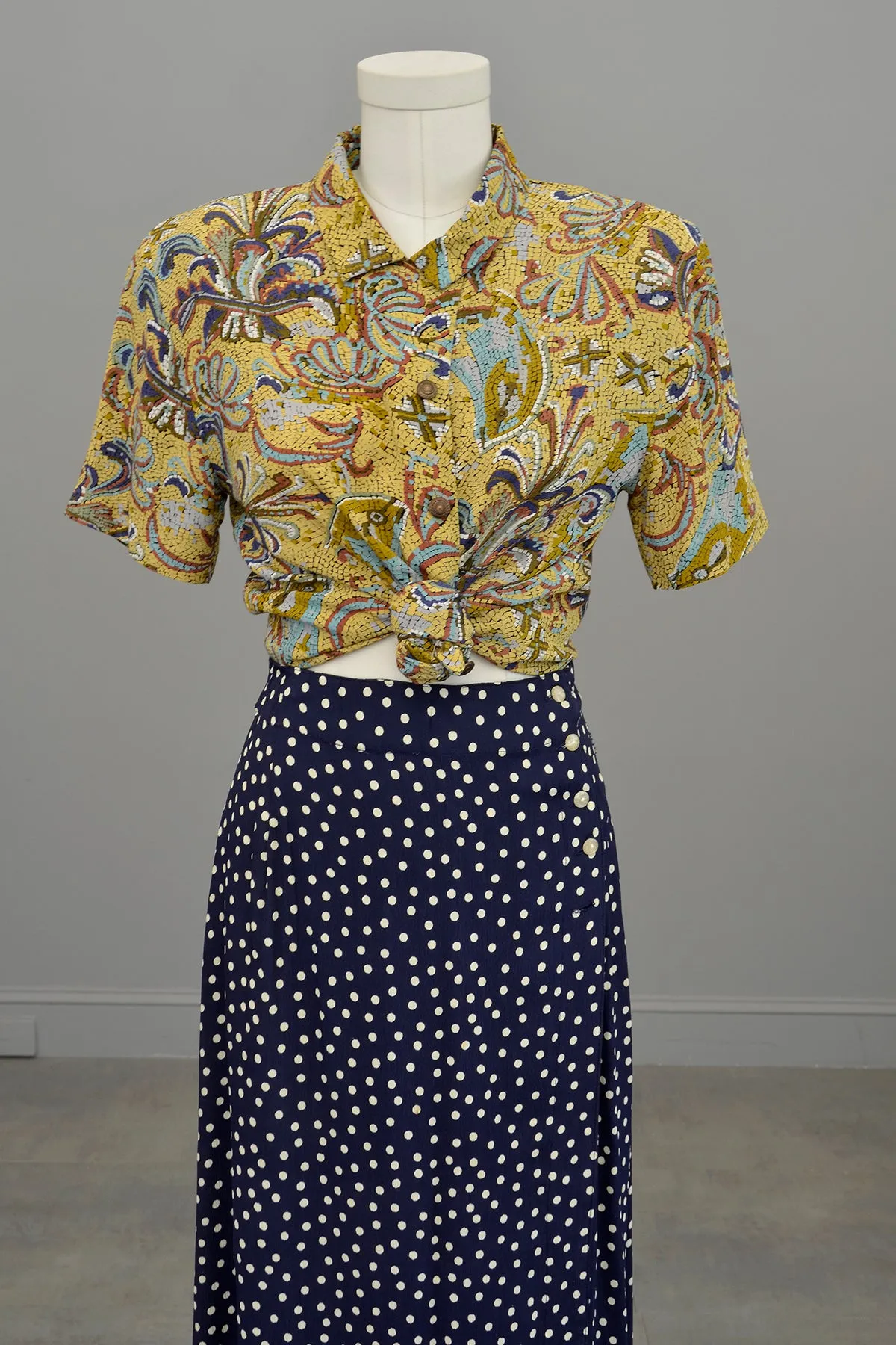 1990s Navy Blue White Polka Dot Rayon Wrap Skirt Vintage Inspired by Anthropologie