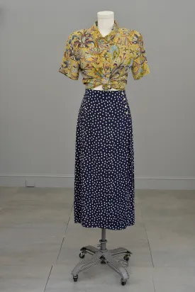 1990s Navy Blue White Polka Dot Rayon Wrap Skirt Vintage Inspired by Anthropologie