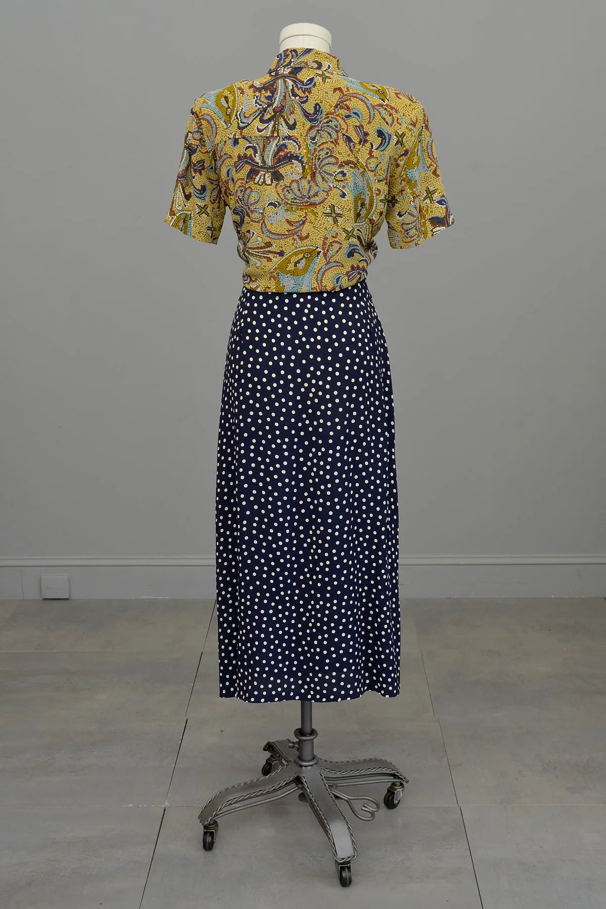 1990s Navy Blue White Polka Dot Rayon Wrap Skirt Vintage Inspired by Anthropologie