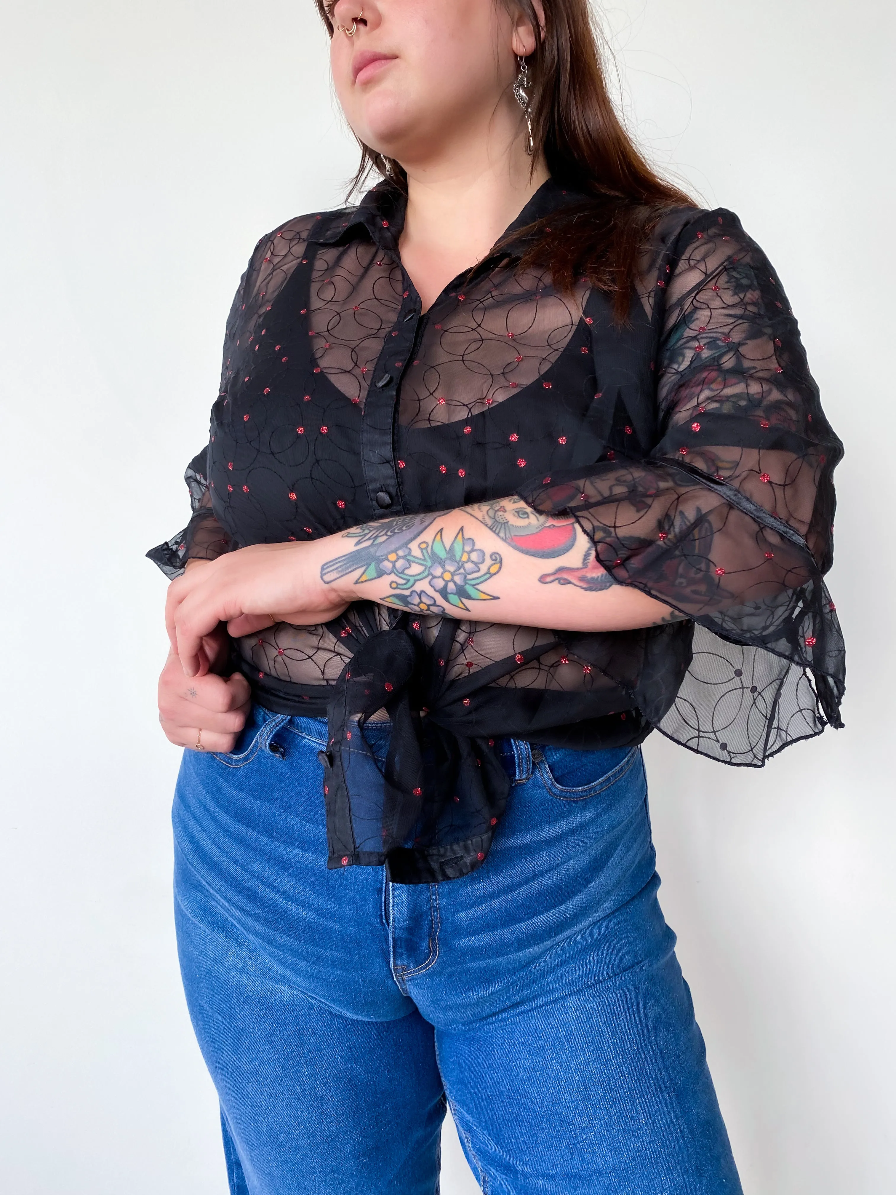 1990s Sheer Black and Red Polka Dot Blouse, sz. 2X