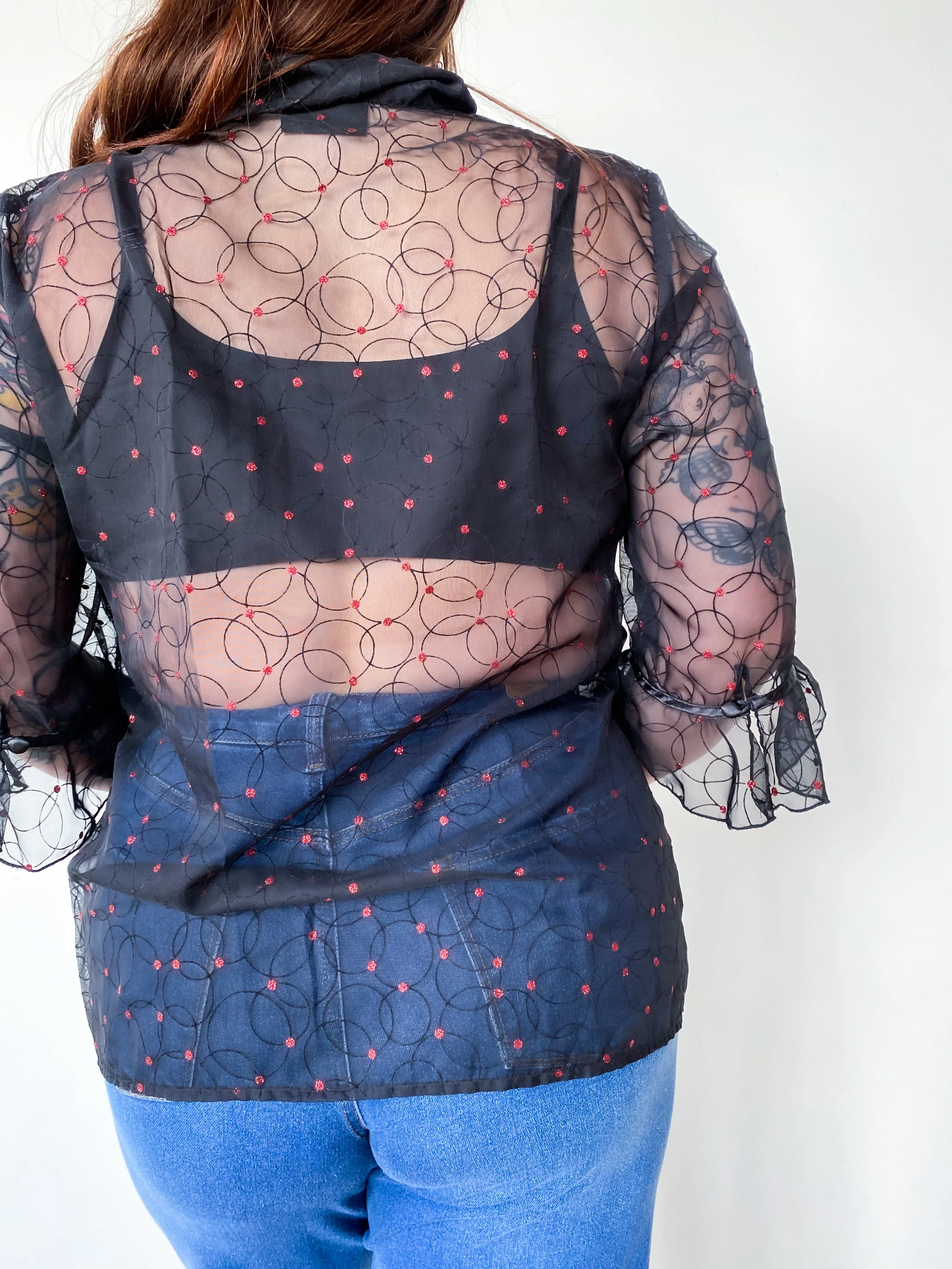 1990s Sheer Black and Red Polka Dot Blouse, sz. 2X