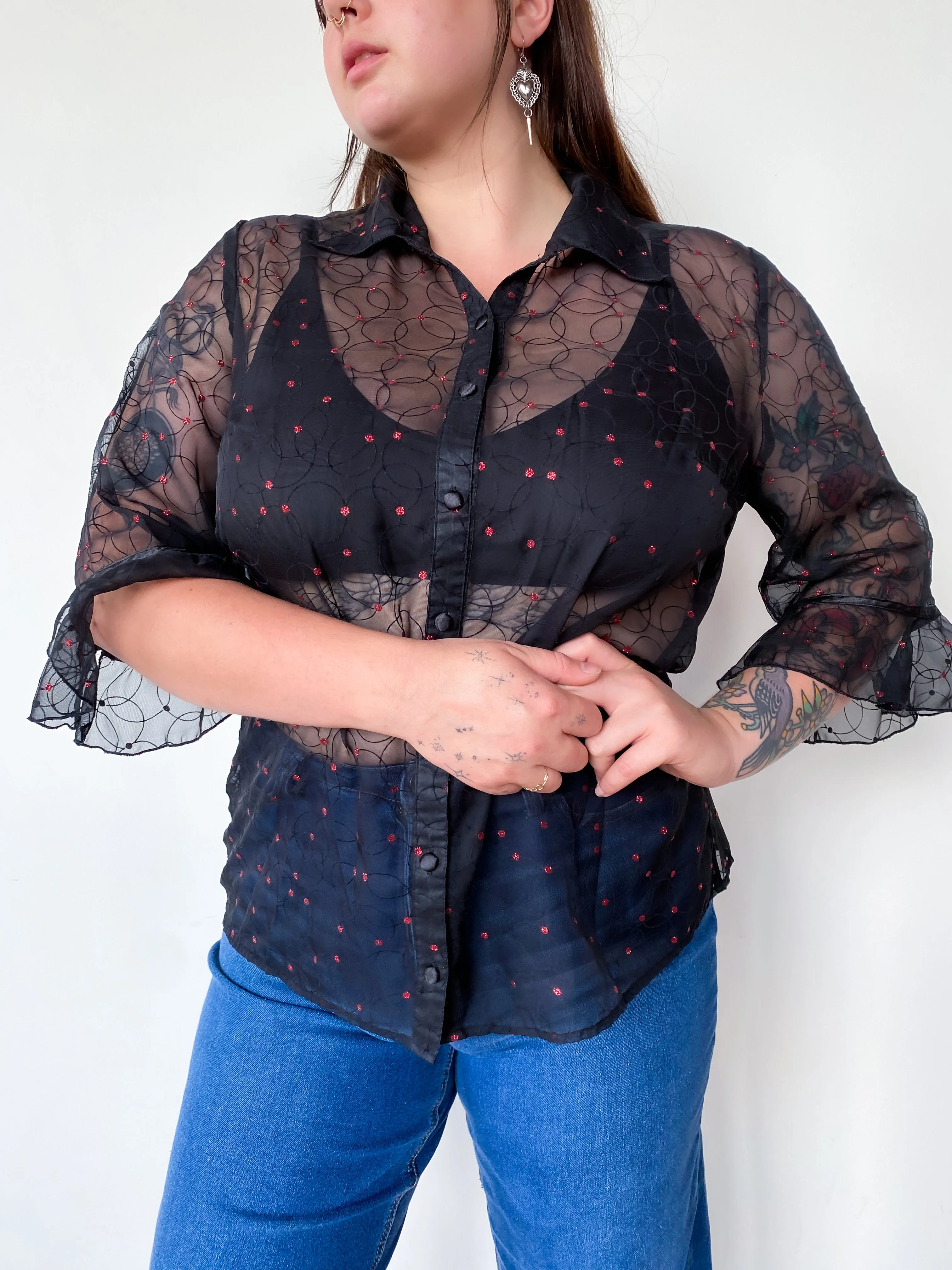1990s Sheer Black and Red Polka Dot Blouse, sz. 2X