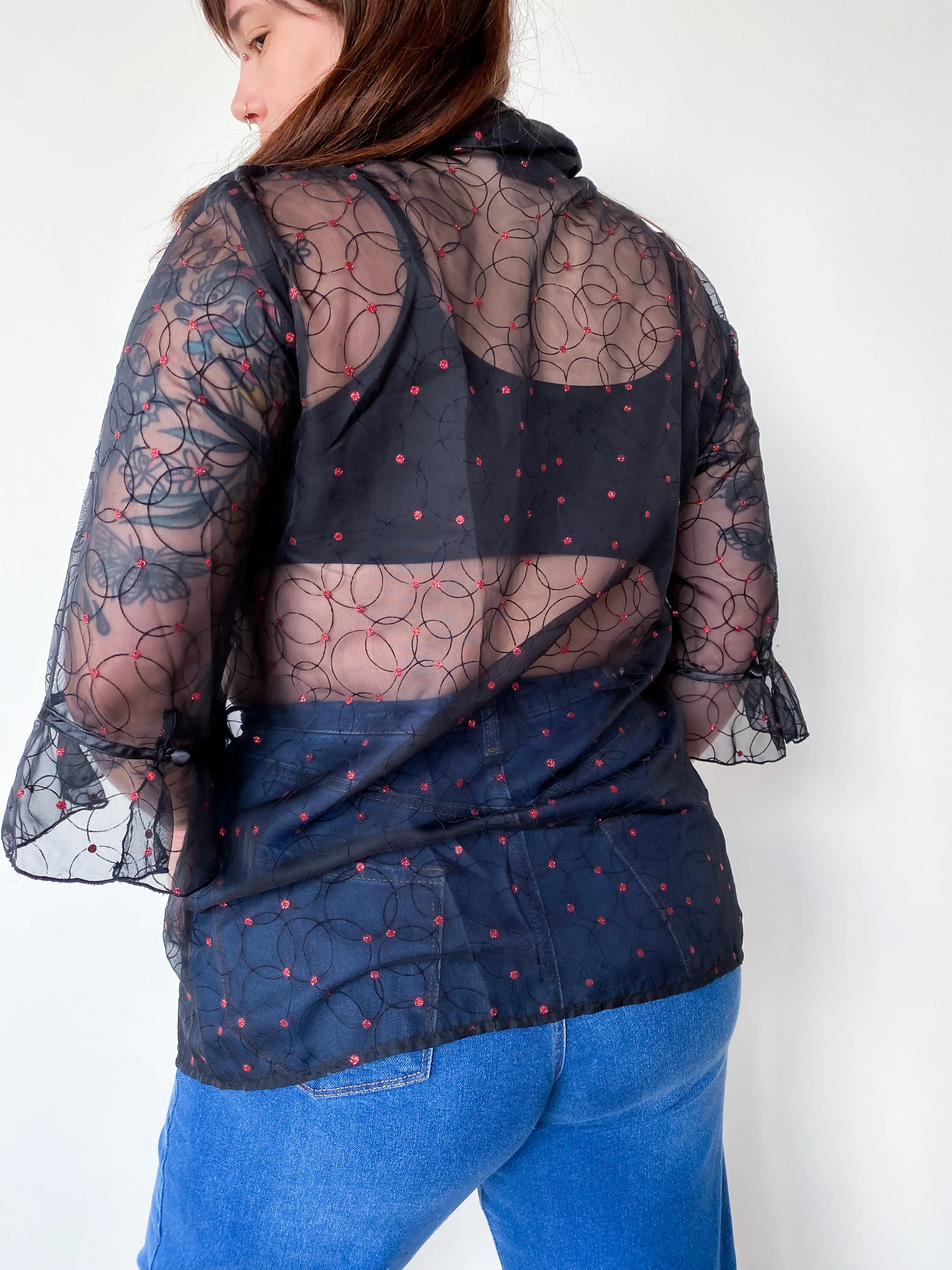 1990s Sheer Black and Red Polka Dot Blouse, sz. 2X