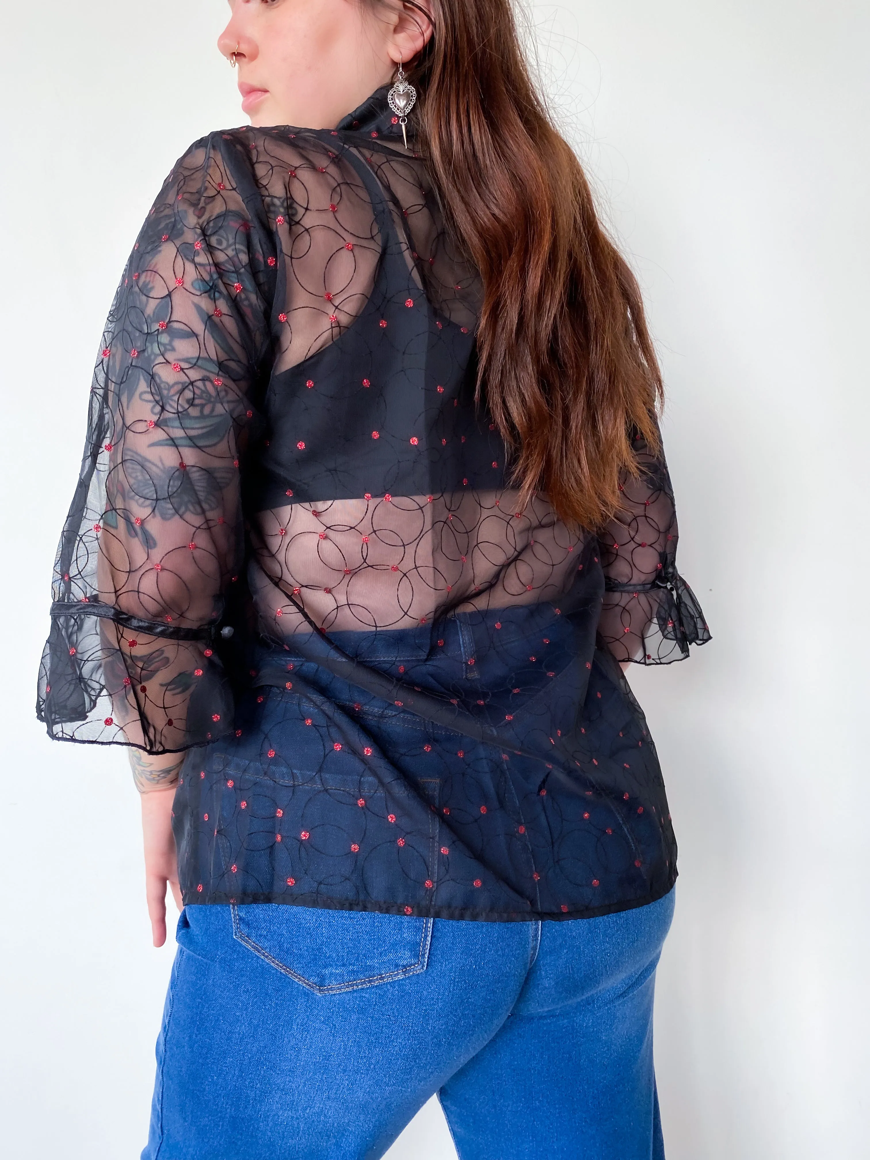 1990s Sheer Black and Red Polka Dot Blouse, sz. 2X