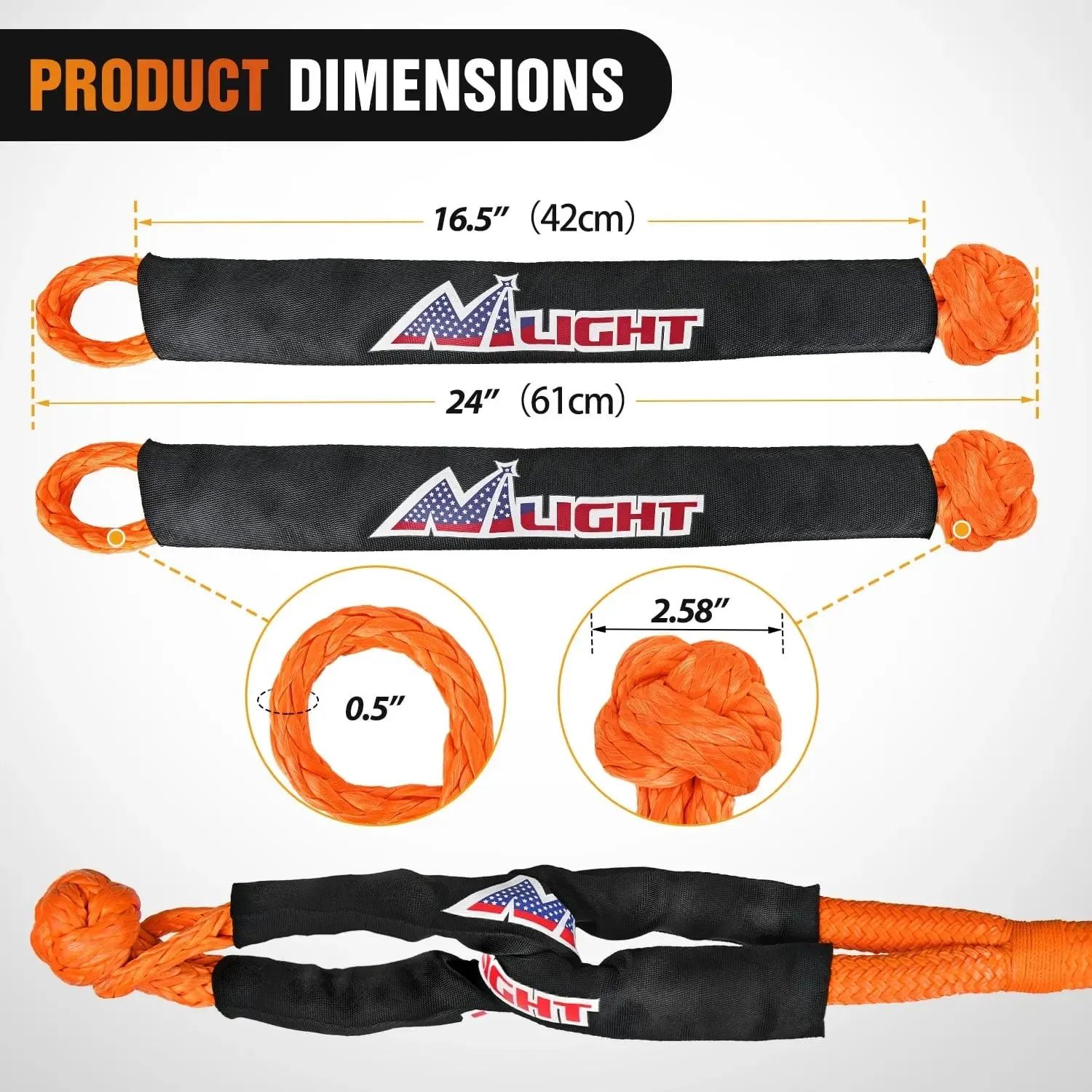 7/8Inch x 20FT Kinetic Recovery Rope & 2PCS 1/2in x 24in Soft Shackle