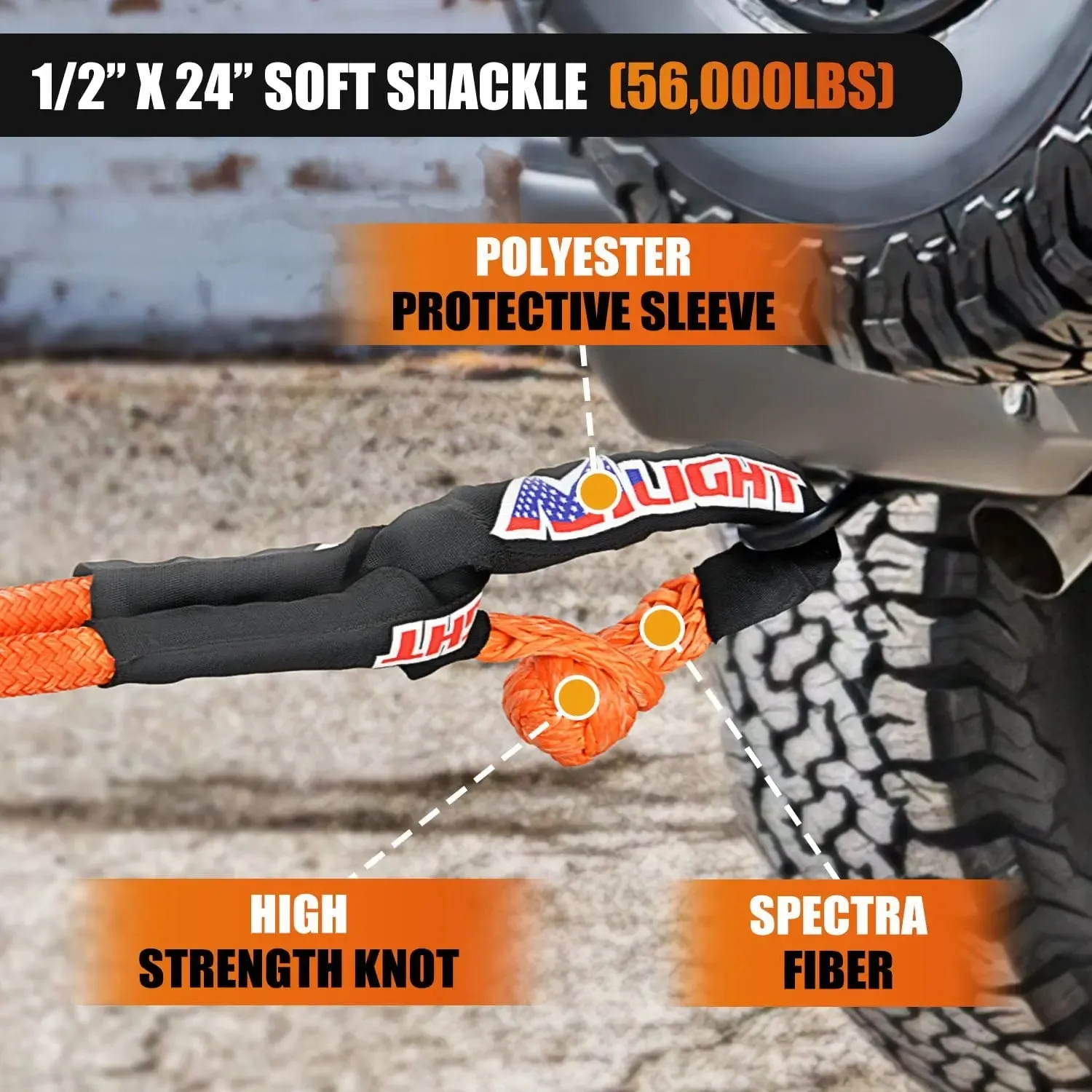 7/8Inch x 20FT Kinetic Recovery Rope & 2PCS 1/2in x 24in Soft Shackle