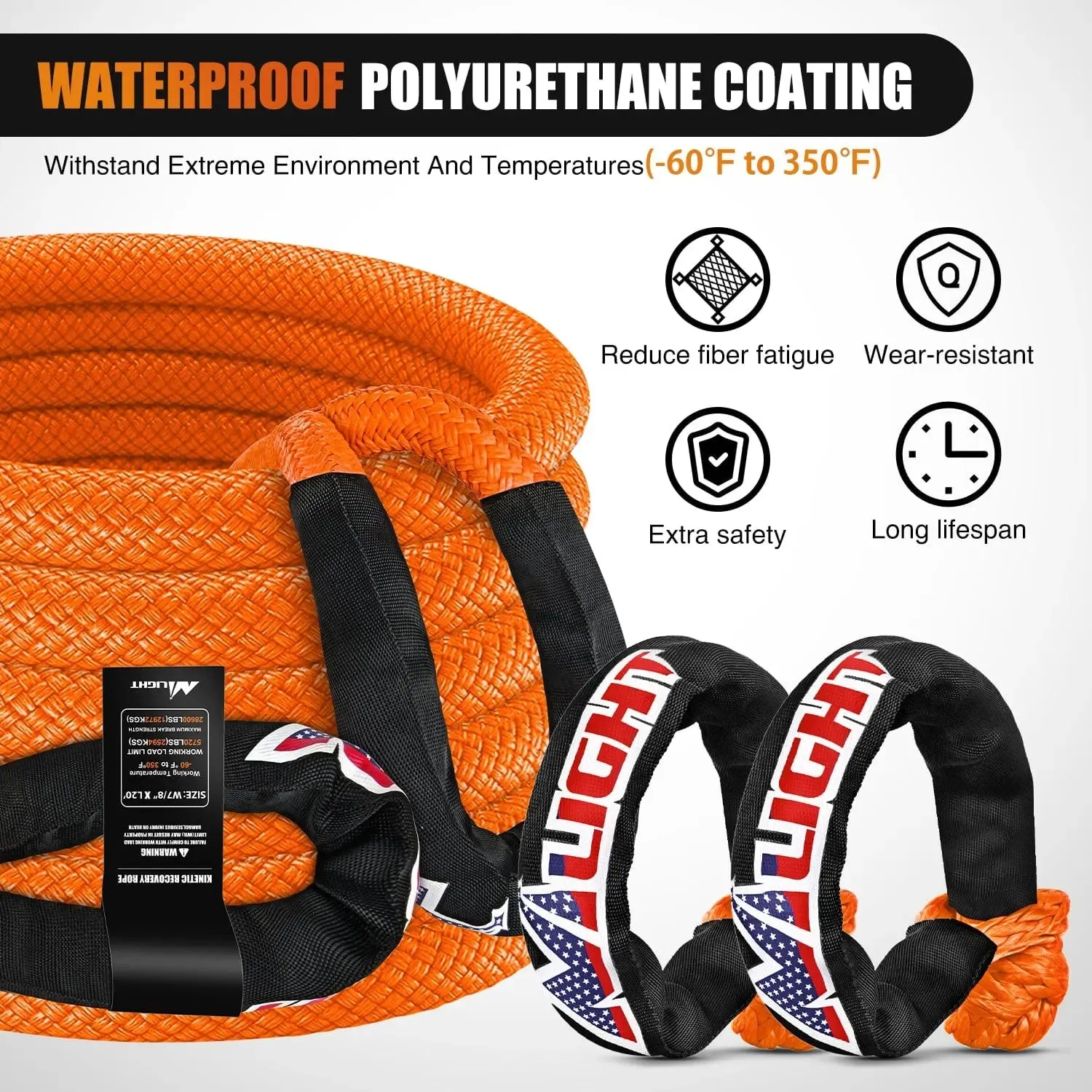 7/8Inch x 20FT Kinetic Recovery Rope & 2PCS 1/2in x 24in Soft Shackle