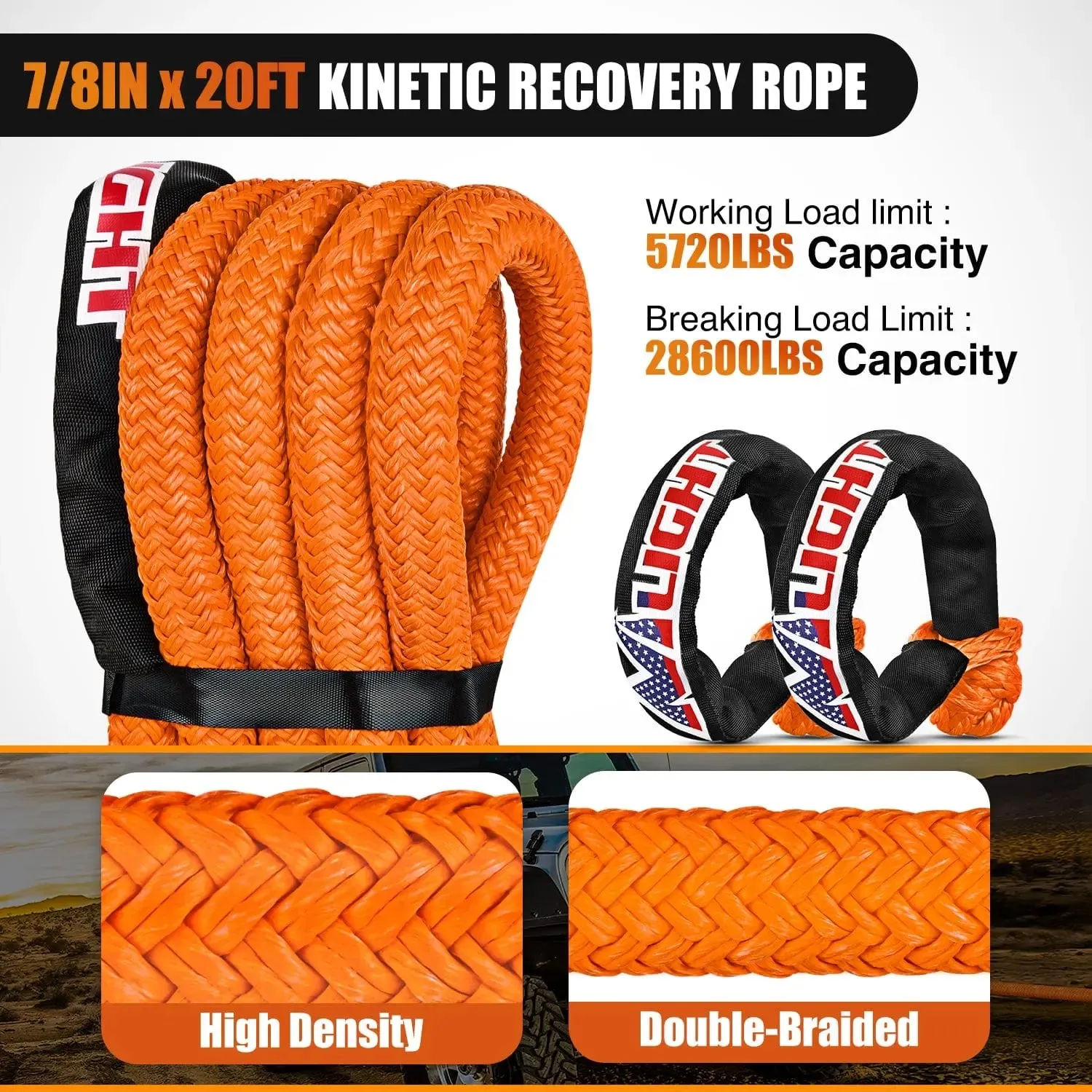 7/8Inch x 20FT Kinetic Recovery Rope & 2PCS 1/2in x 24in Soft Shackle