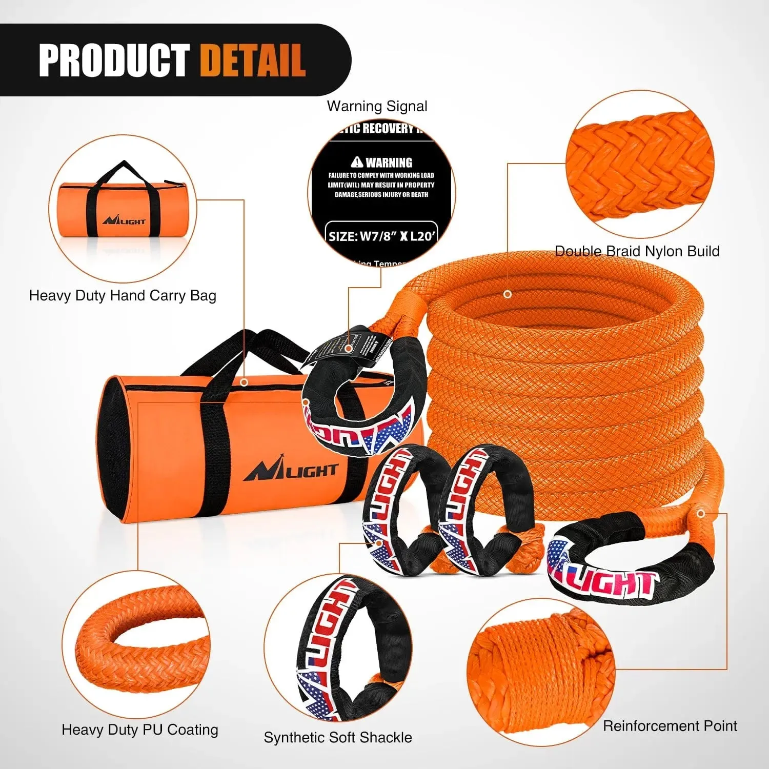 7/8Inch x 20FT Kinetic Recovery Rope & 2PCS 1/2in x 24in Soft Shackle