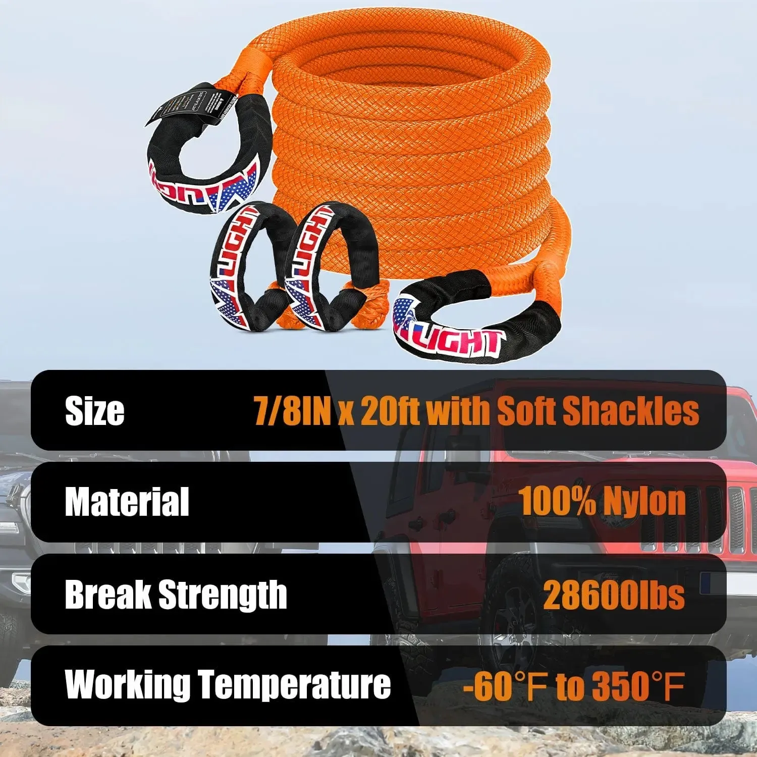 7/8Inch x 20FT Kinetic Recovery Rope & 2PCS 1/2in x 24in Soft Shackle