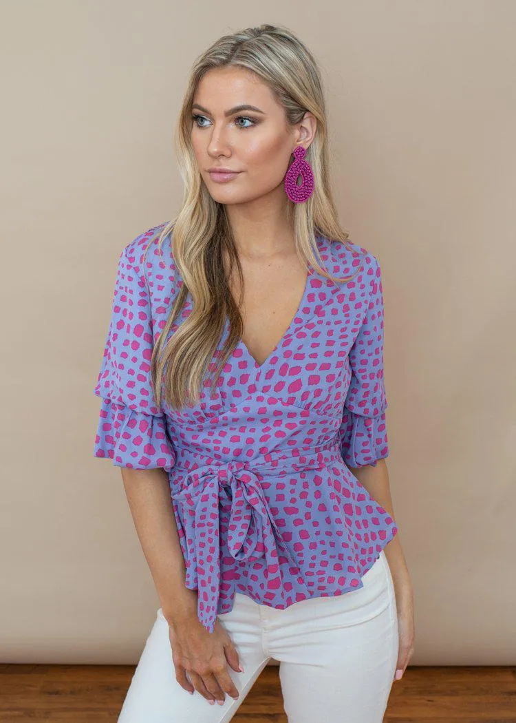 Adelyn Rae Periwinkle and Pink Loma Printed Blouse-***FINAL SALE***