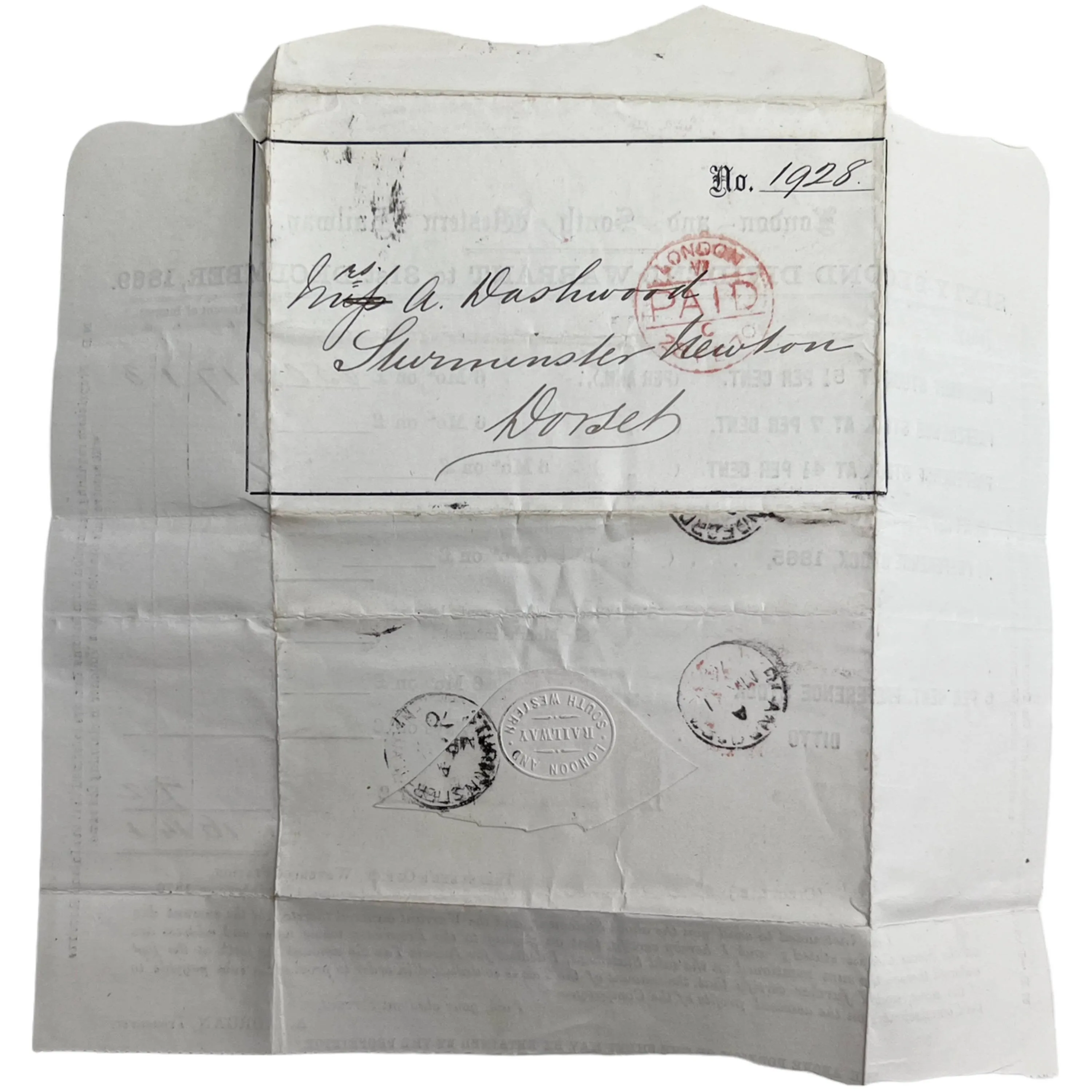 Antique 1869 London & South Western Railway Warrant in Envelope Form