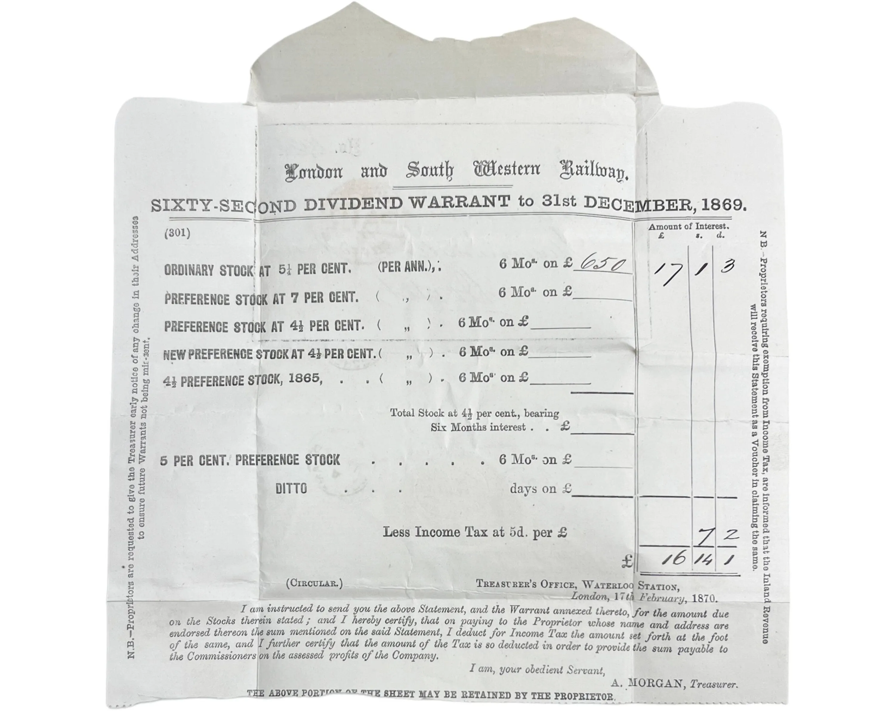 Antique 1869 London & South Western Railway Warrant in Envelope Form