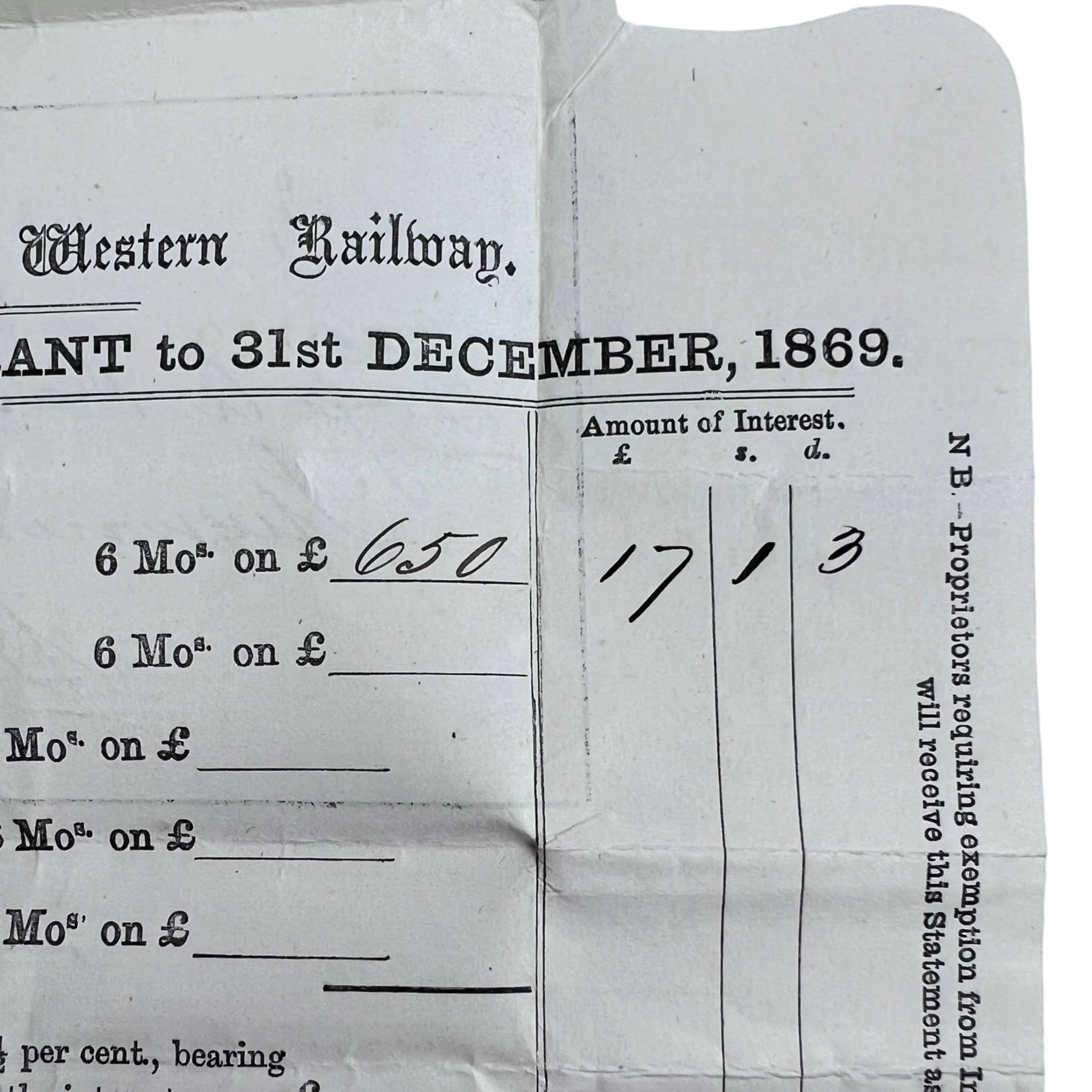 Antique 1869 London & South Western Railway Warrant in Envelope Form