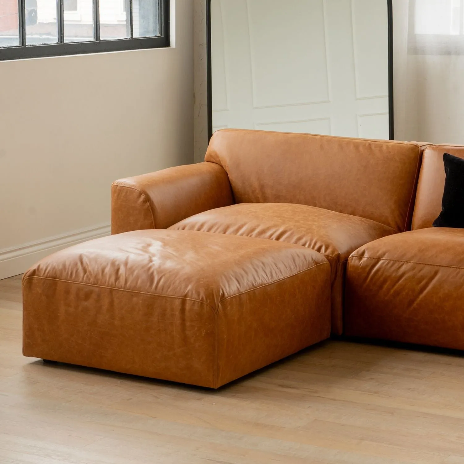 Aspen Distressed Cognac Leather 3 Seater Sofa with Ottoman