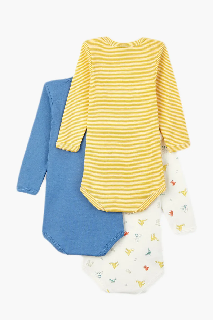 Optimized title: Petit Bateau 3-Pack Kimono Long-Sleeve Baby Onesies - Yellow/Blue