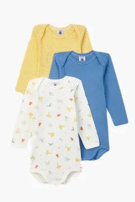 Optimized title: Petit Bateau 3-Pack Kimono Long-Sleeve Baby Onesies - Yellow/Blue