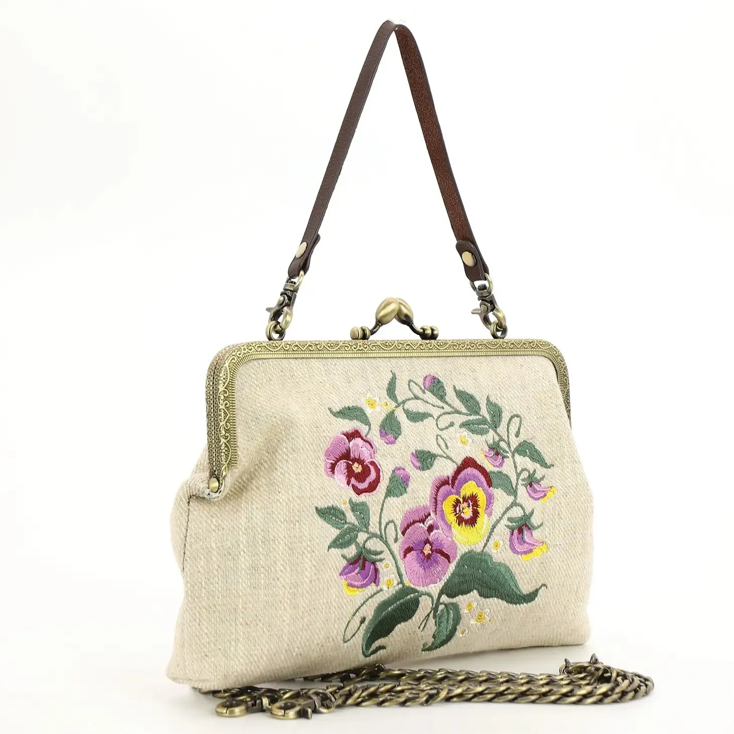 Beige Pansy Embroidered Kisslock Bag