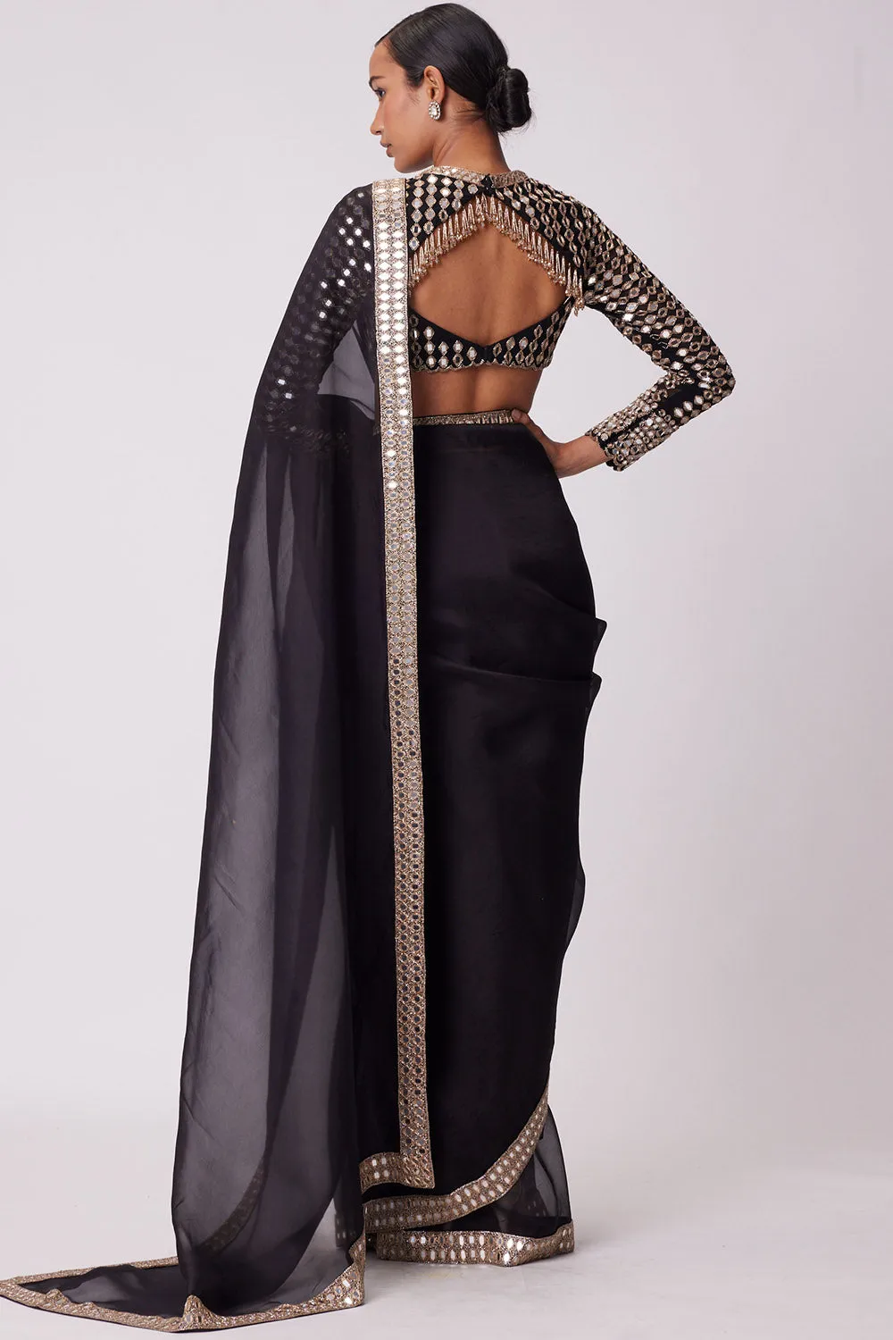 Black Hand Embroidered Organza Saree Set