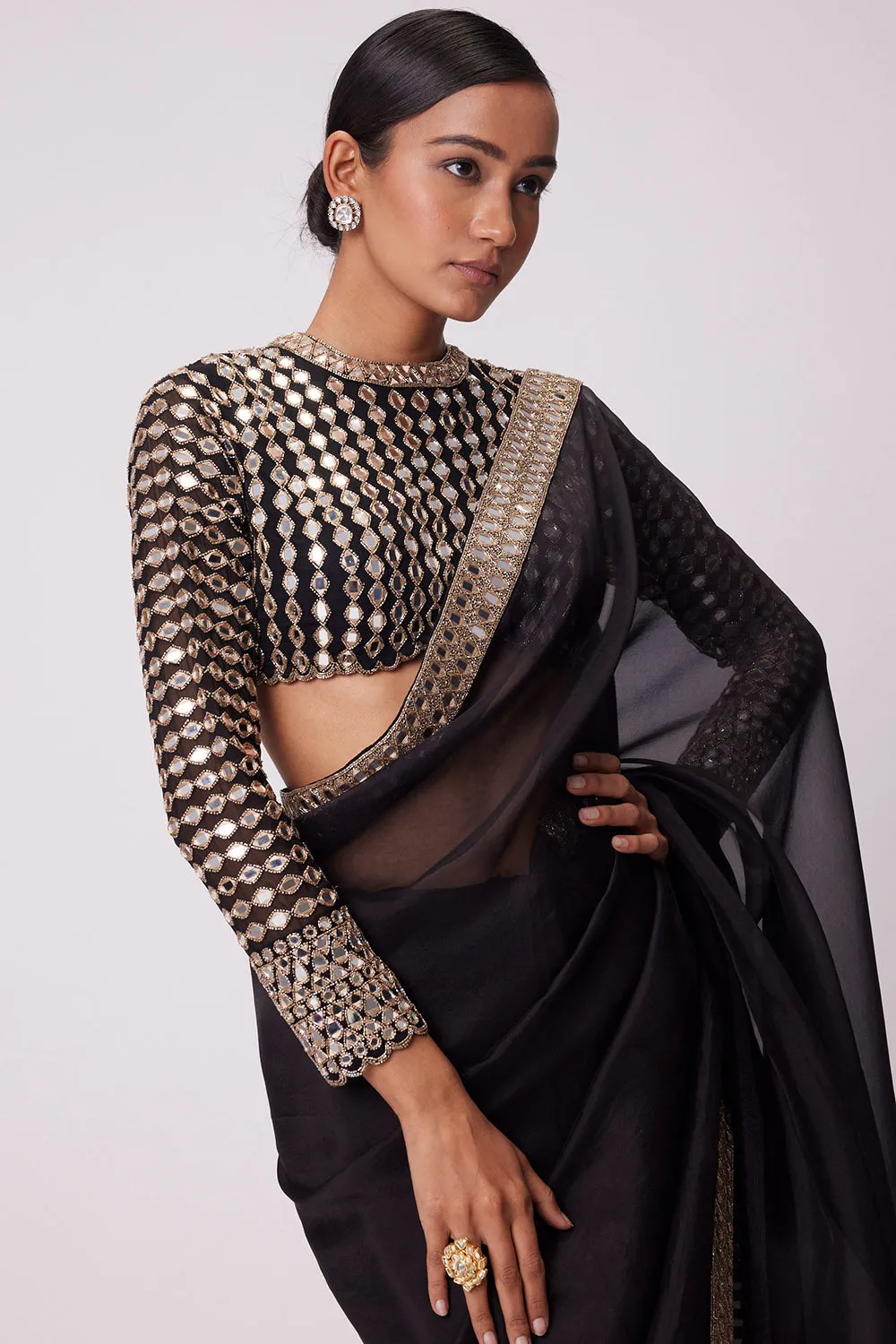 Black Hand Embroidered Organza Saree Set