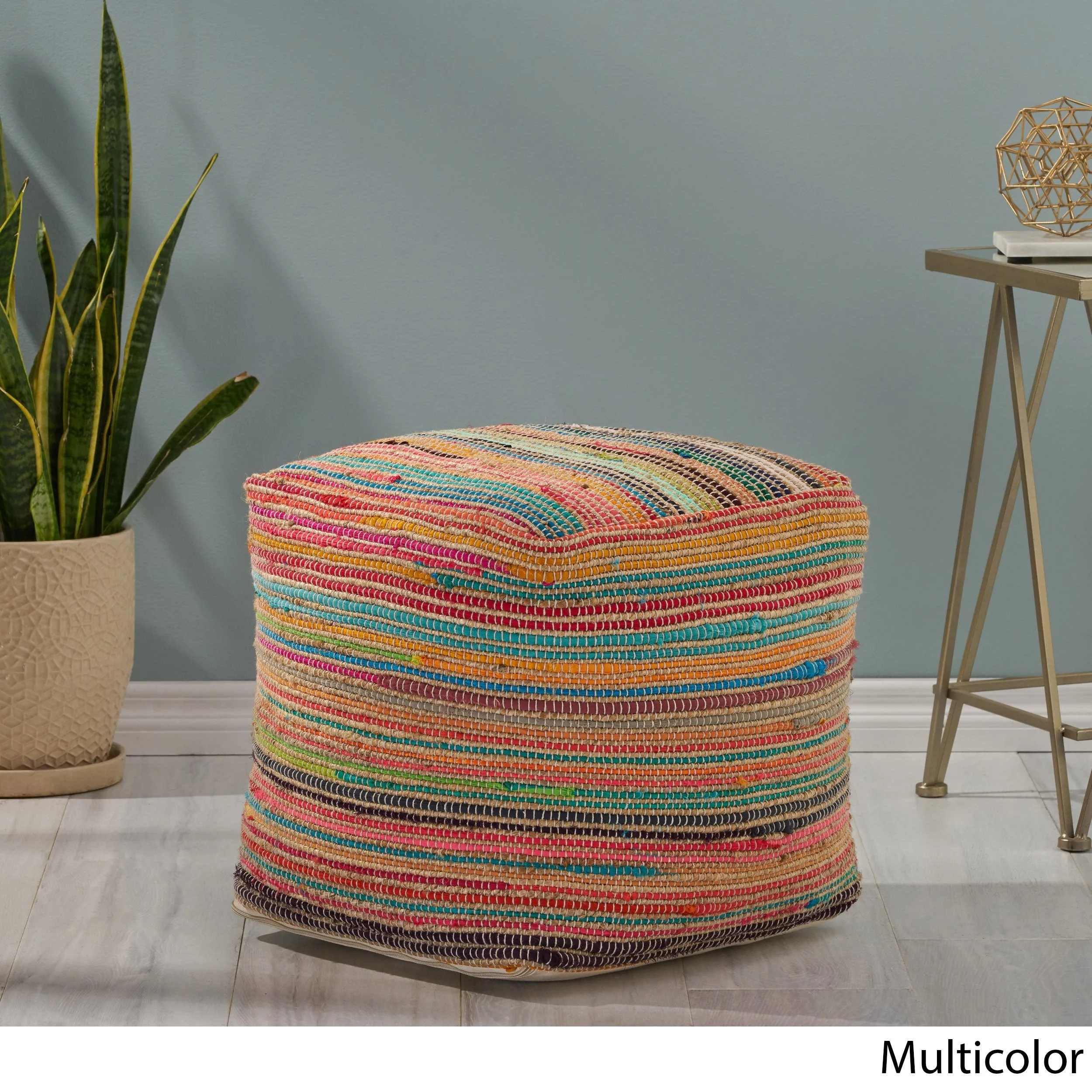 Multicolored Boho Chindi and Jute Pouf - Handcrafted Round Ottoman