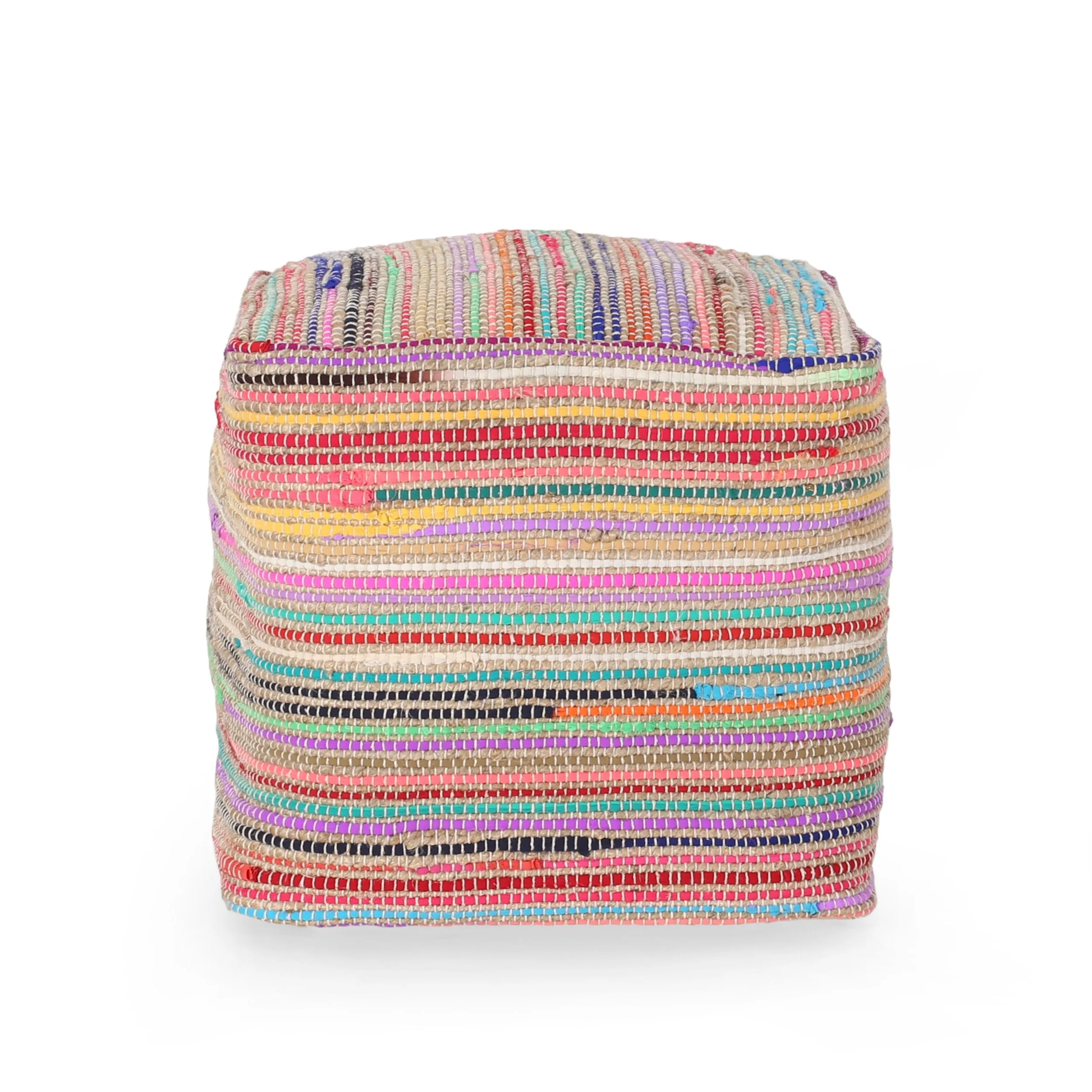 Multicolored Boho Chindi and Jute Pouf - Handcrafted Round Ottoman