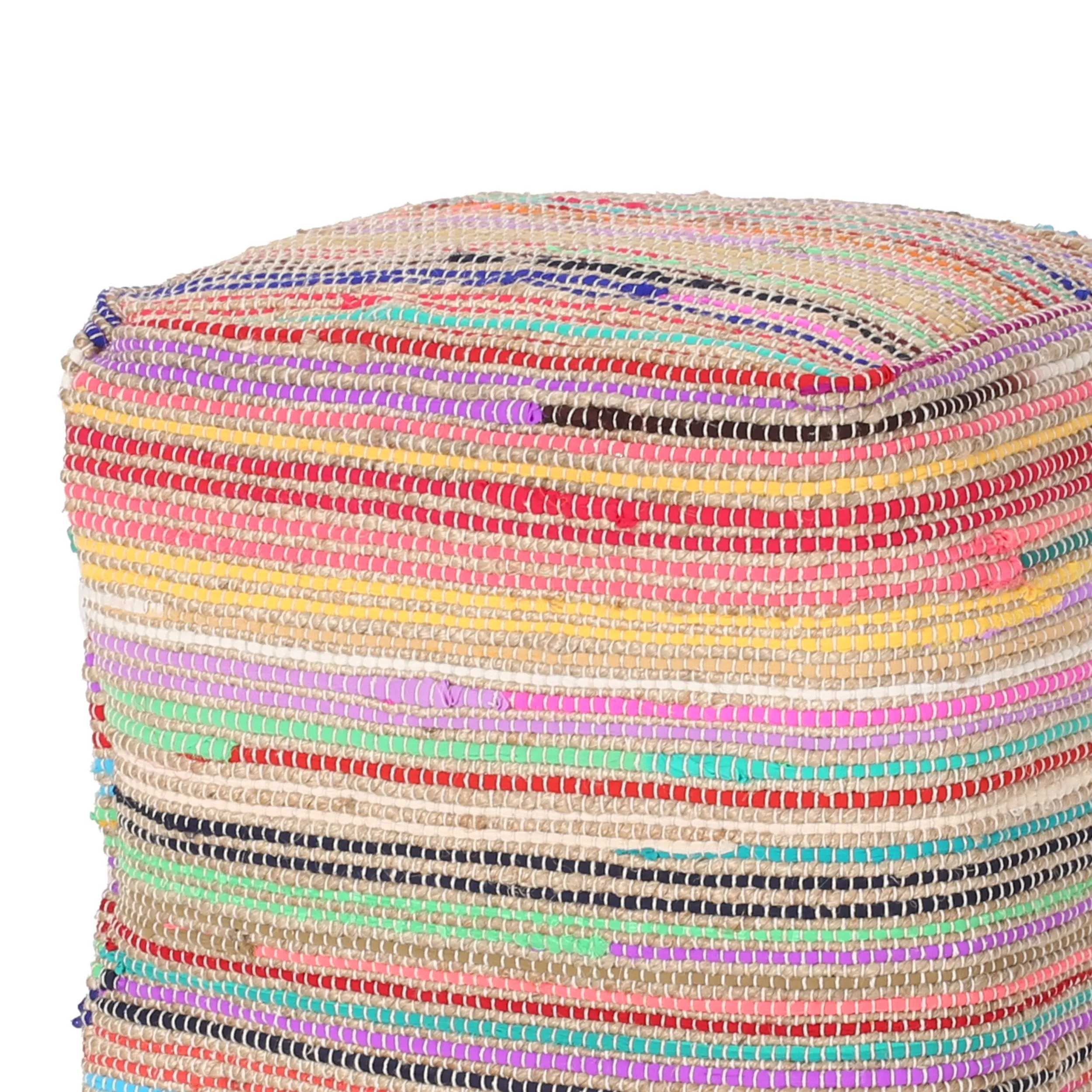 Multicolored Boho Chindi and Jute Pouf - Handcrafted Round Ottoman