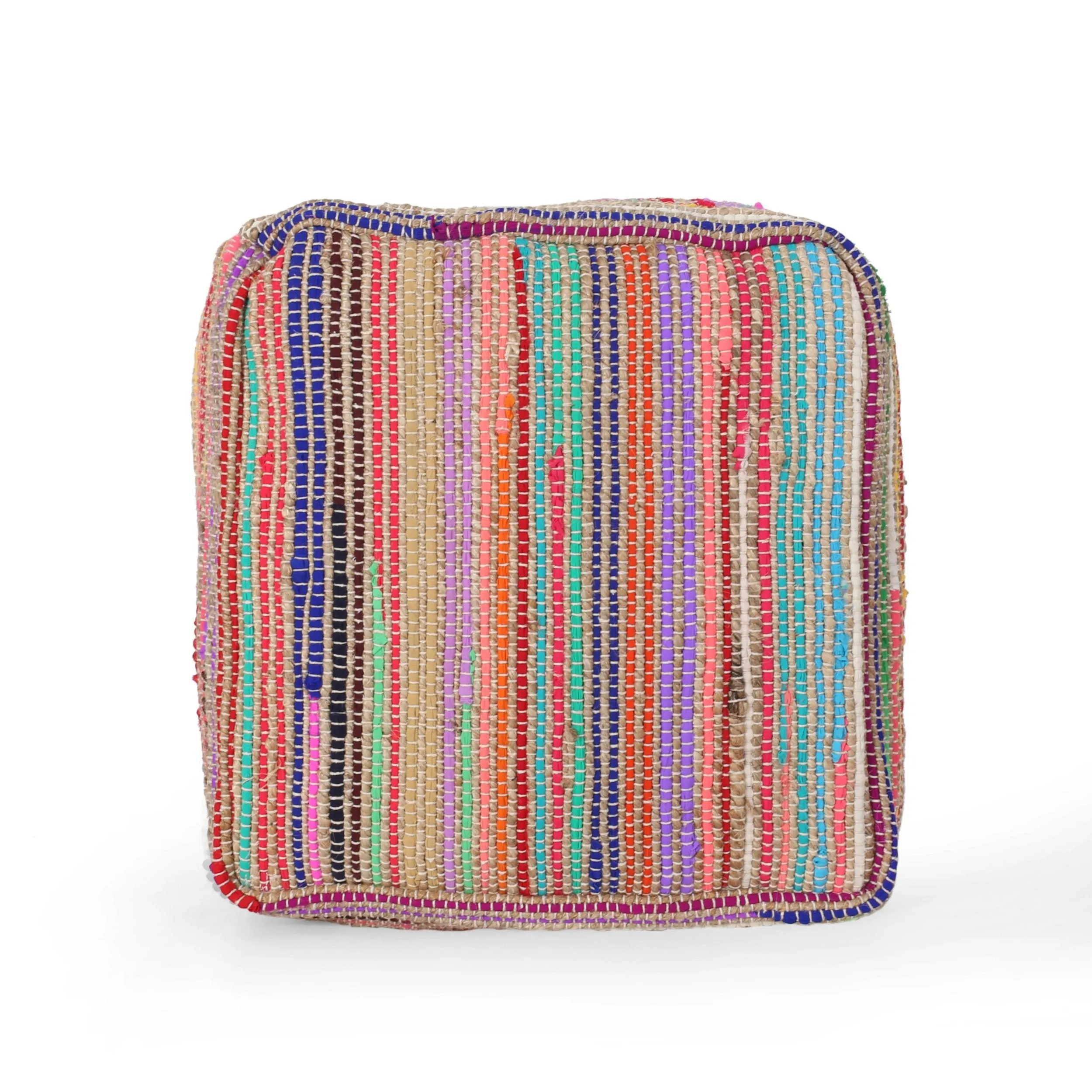 Multicolored Boho Chindi and Jute Pouf - Handcrafted Round Ottoman