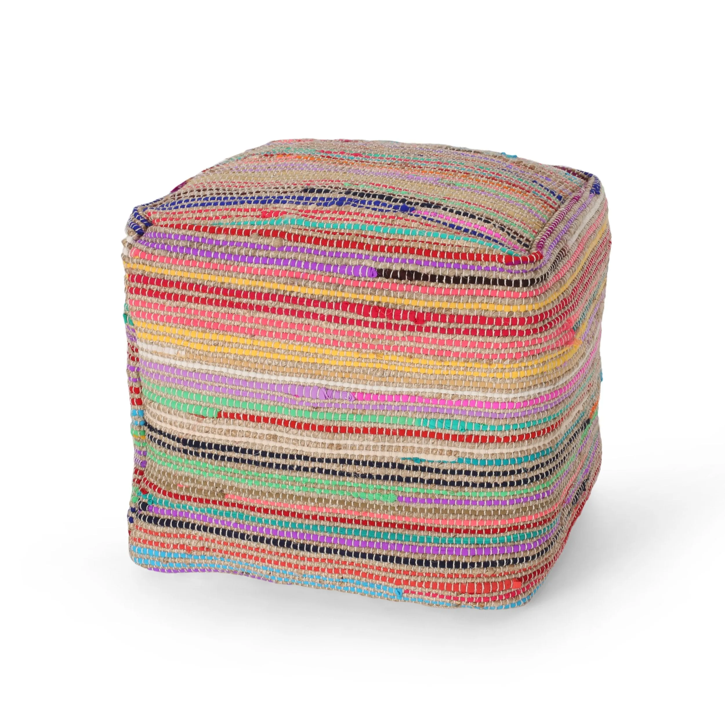 Multicolored Boho Chindi and Jute Pouf - Handcrafted Round Ottoman