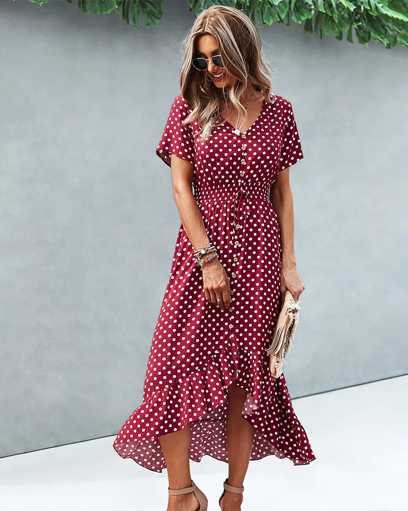 Button Down Polka Dot V Neck Short Sleeve High Low Maxi Dress