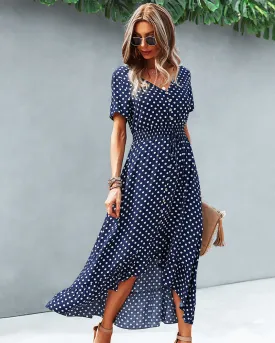 Button Down Polka Dot V Neck Short Sleeve High Low Maxi Dress