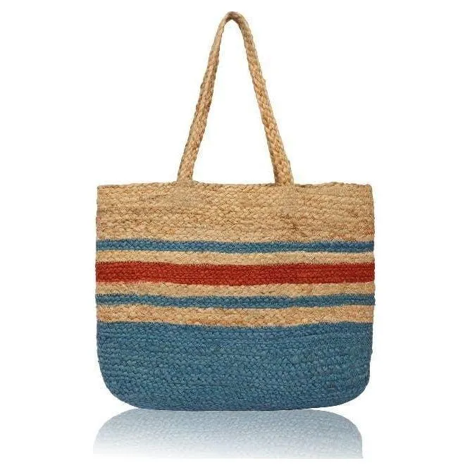 Chloe & Lex - Blue Red Stripes Jute Beach Shopper Bag