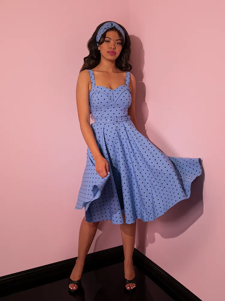 COMING BACK SOON - Maneater Swing Dress in Sunset Blue Polka Dot - Vixen by Micheline Pitt