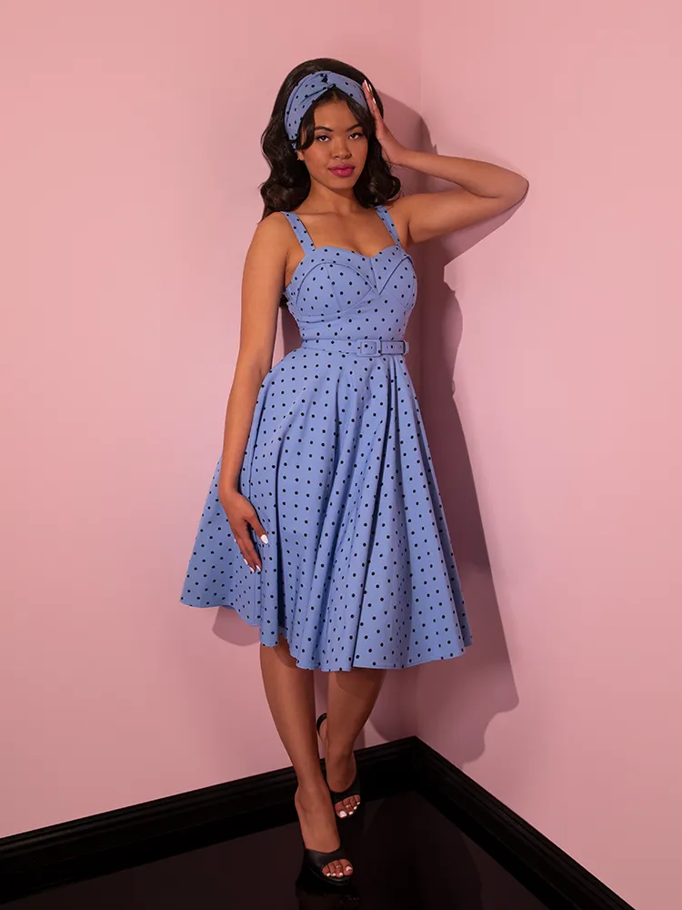 COMING BACK SOON - Maneater Swing Dress in Sunset Blue Polka Dot - Vixen by Micheline Pitt