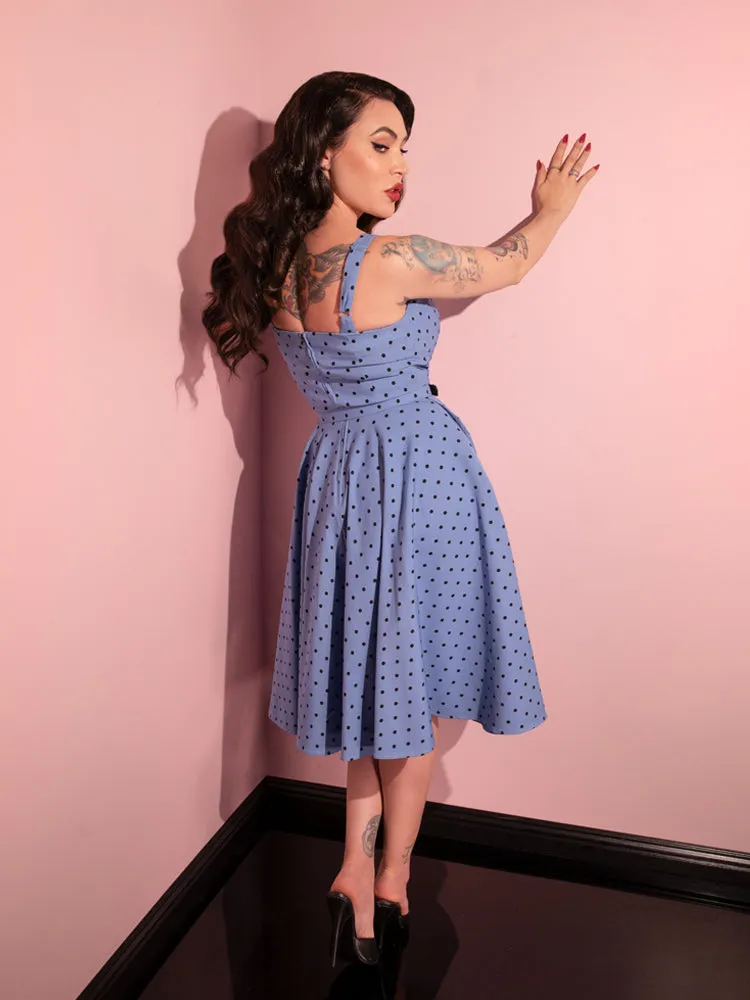 COMING BACK SOON - Maneater Swing Dress in Sunset Blue Polka Dot - Vixen by Micheline Pitt